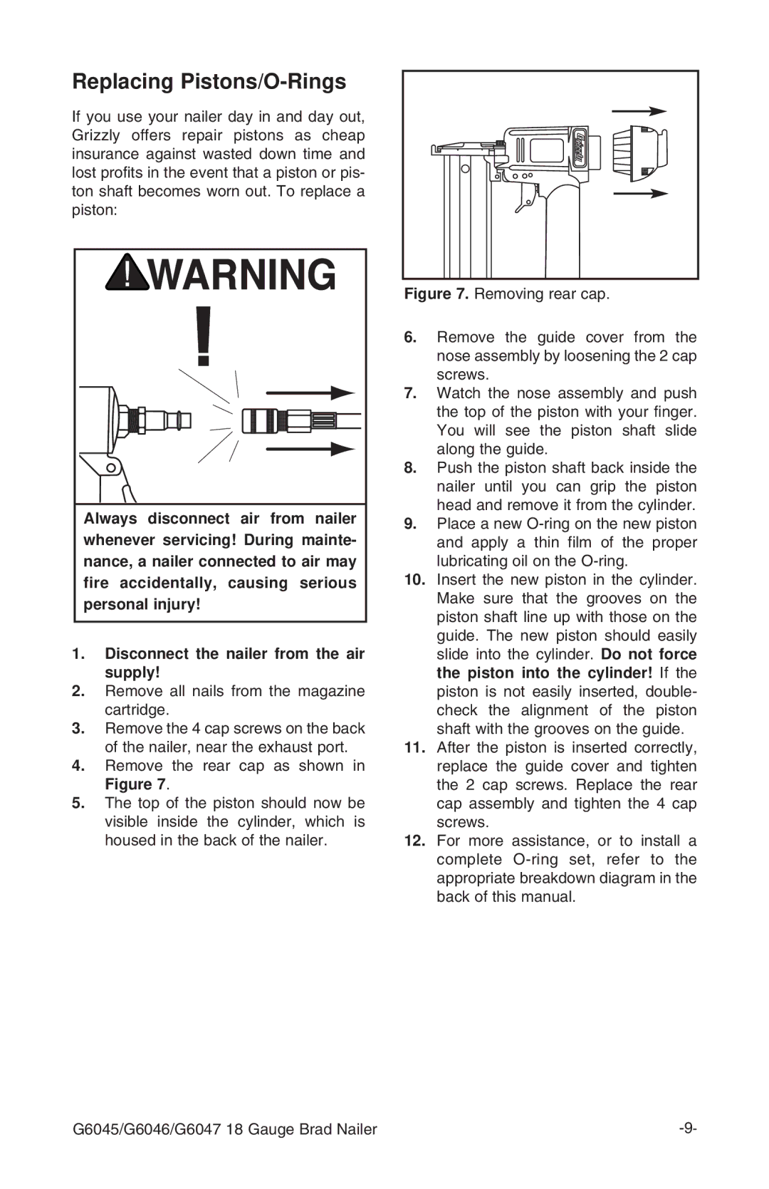 Grizzly G6045 instruction manual Replacing Pistons/O-Rings 