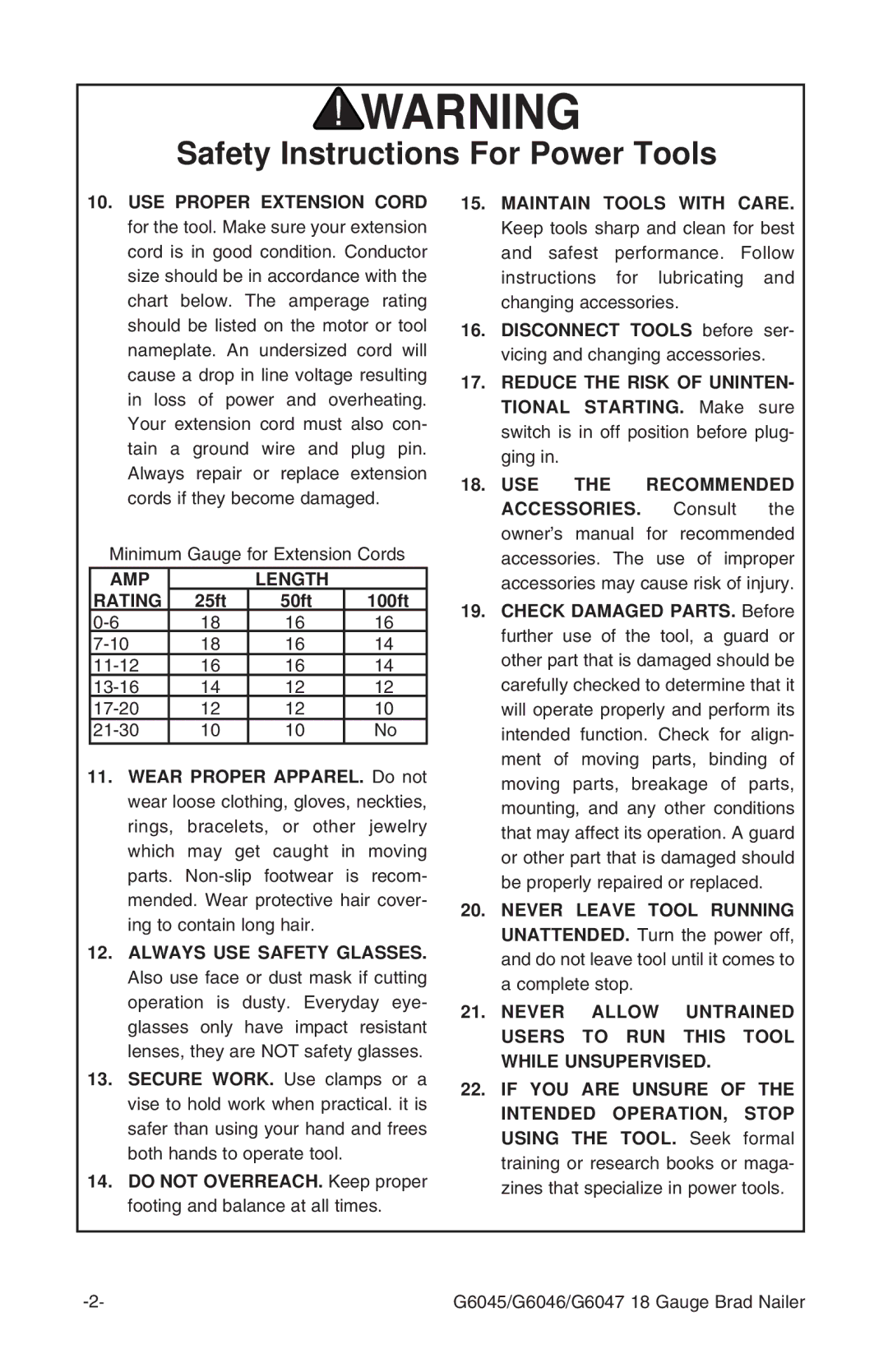 Grizzly G6045 instruction manual AMP Length Rating 