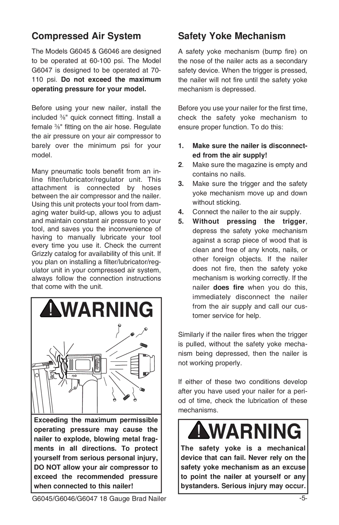 Grizzly G6045 instruction manual Compressed Air System, Safety Yoke Mechanism 