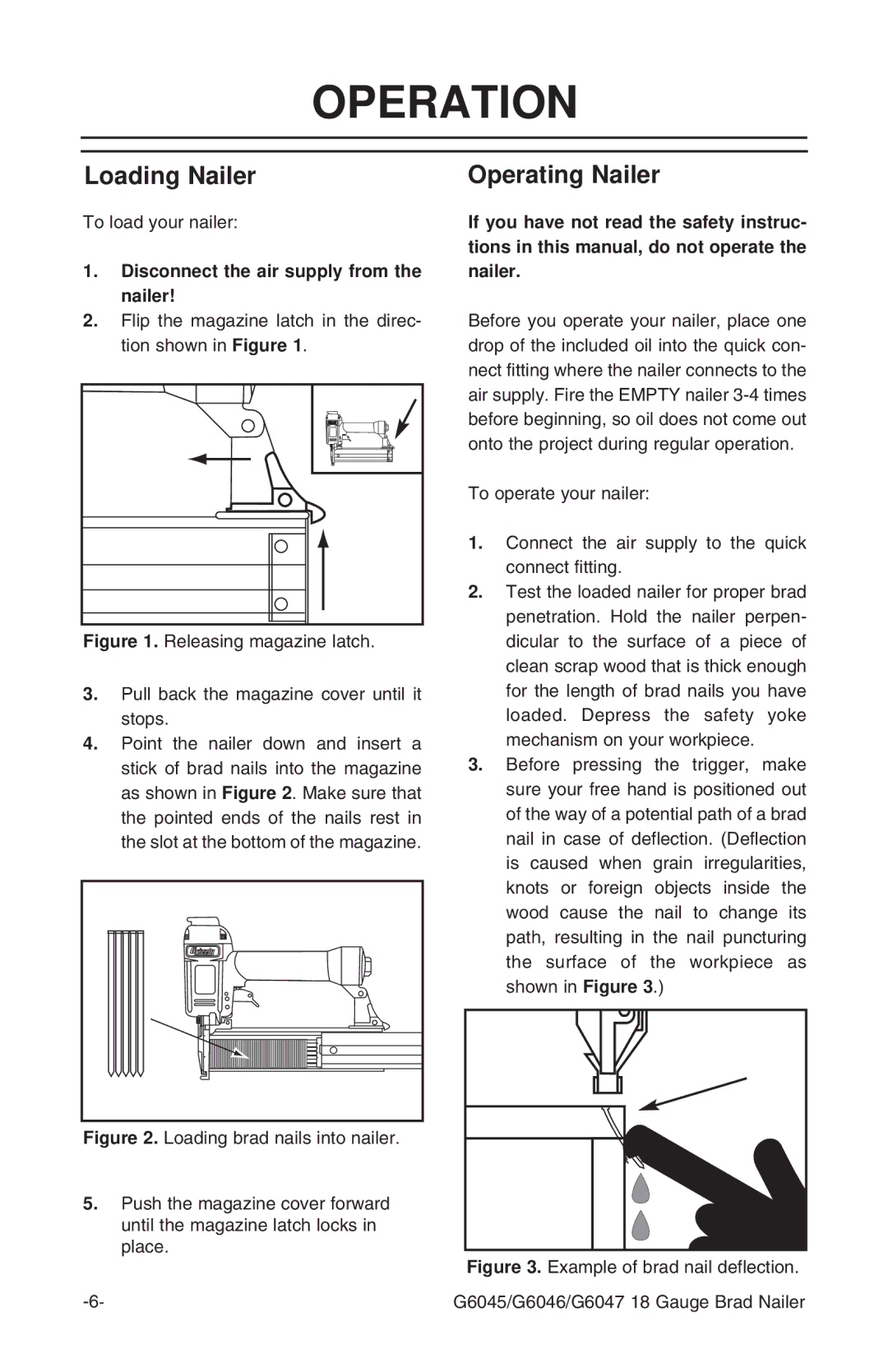 Grizzly G6045 instruction manual Operation, Loading Nailer Operating Nailer 