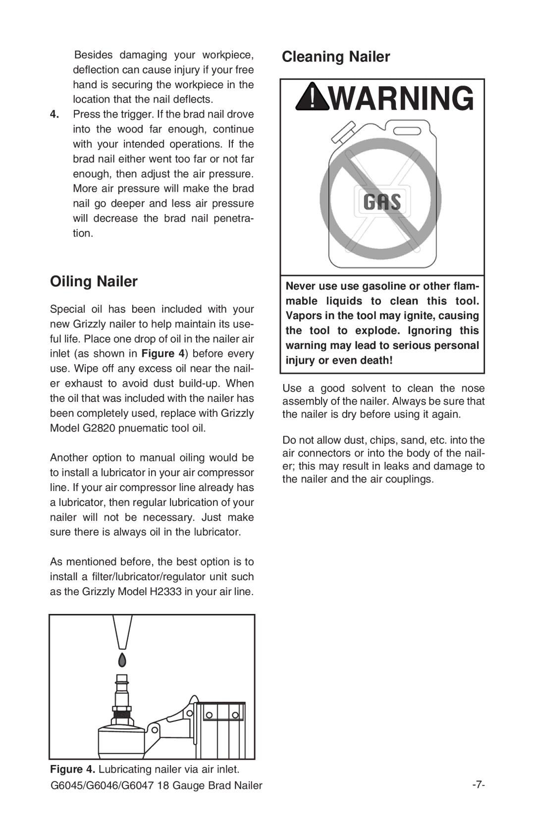 Grizzly G6045 instruction manual Oiling Nailer, Cleaning Nailer 