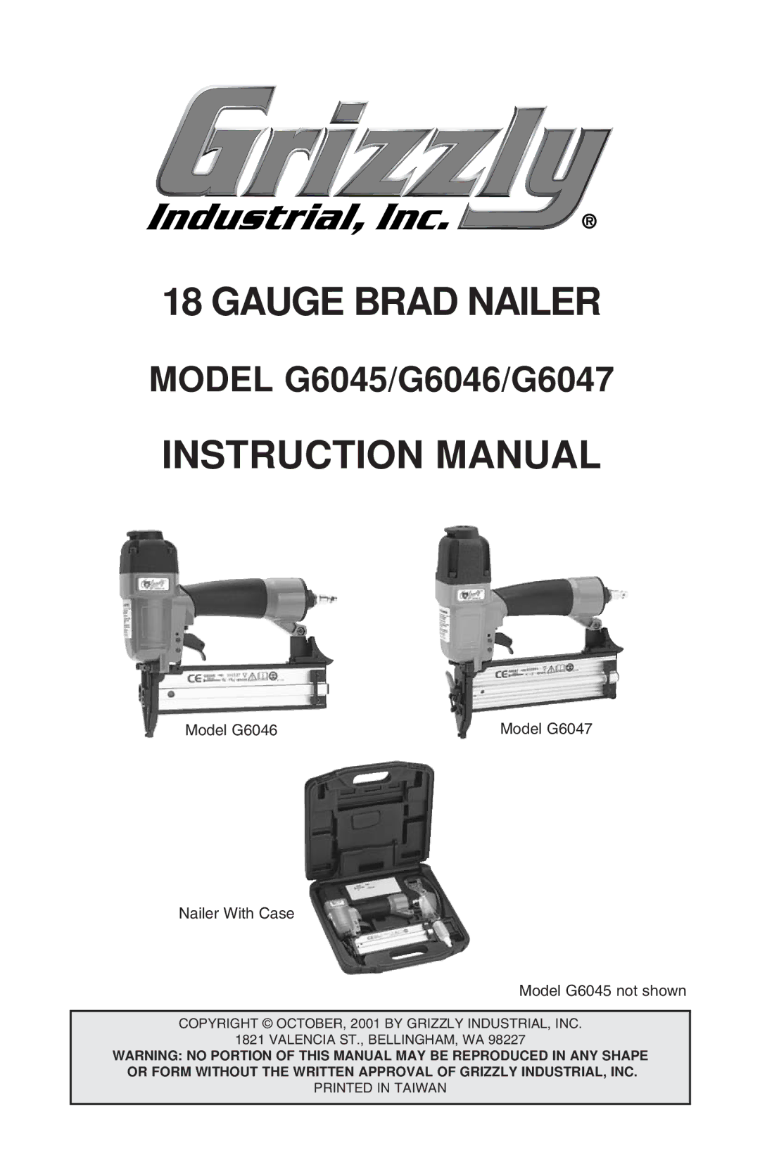 Grizzly instruction manual Gauge Brad Nailer, Model G6045/G6046/G6047 