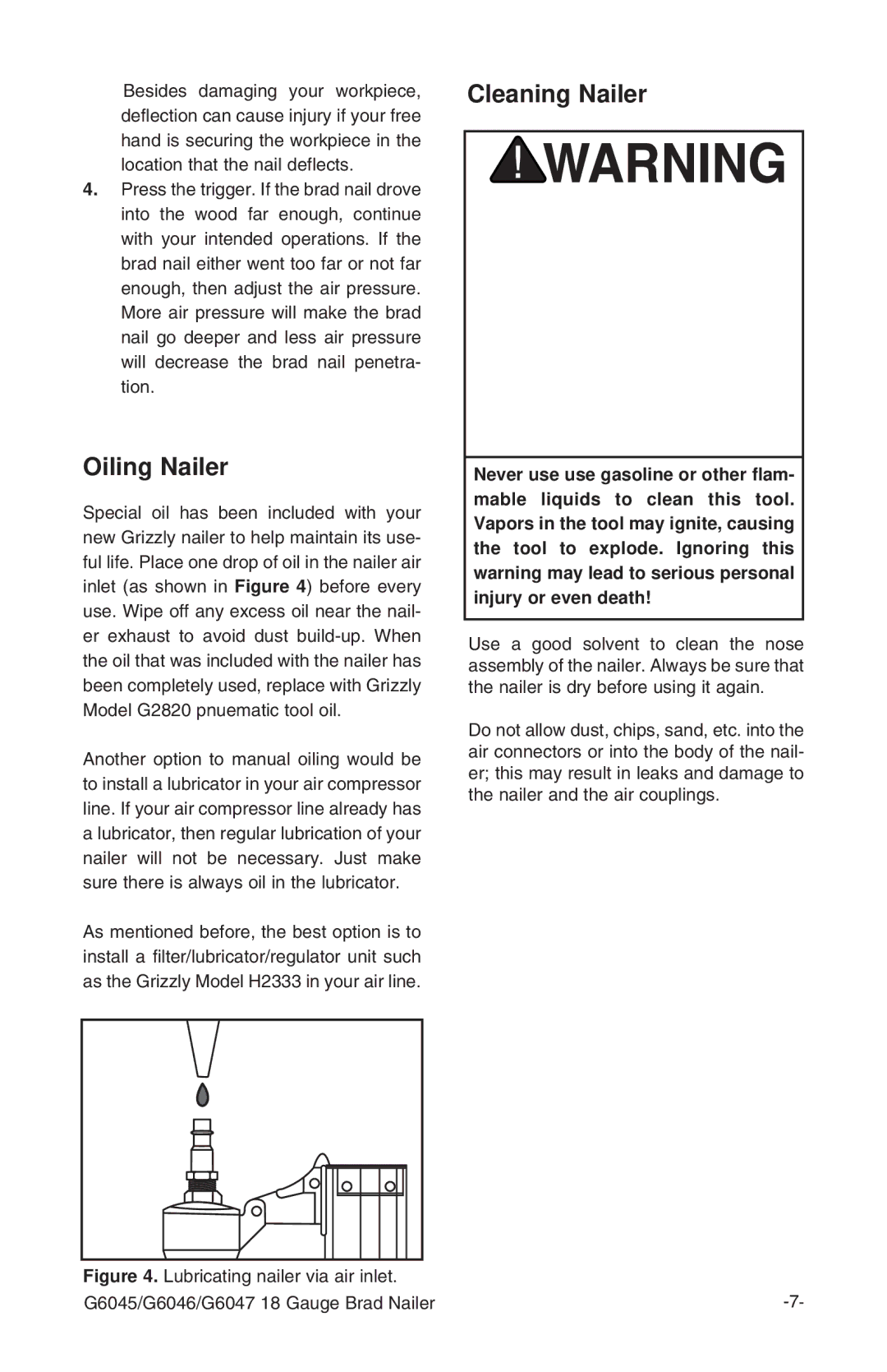 Grizzly G6046, G6047 instruction manual Oiling Nailer, Cleaning Nailer 