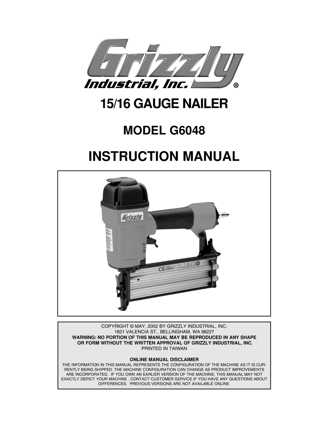 Grizzly instruction manual 15/16 Gauge Nailer, Model G6048 