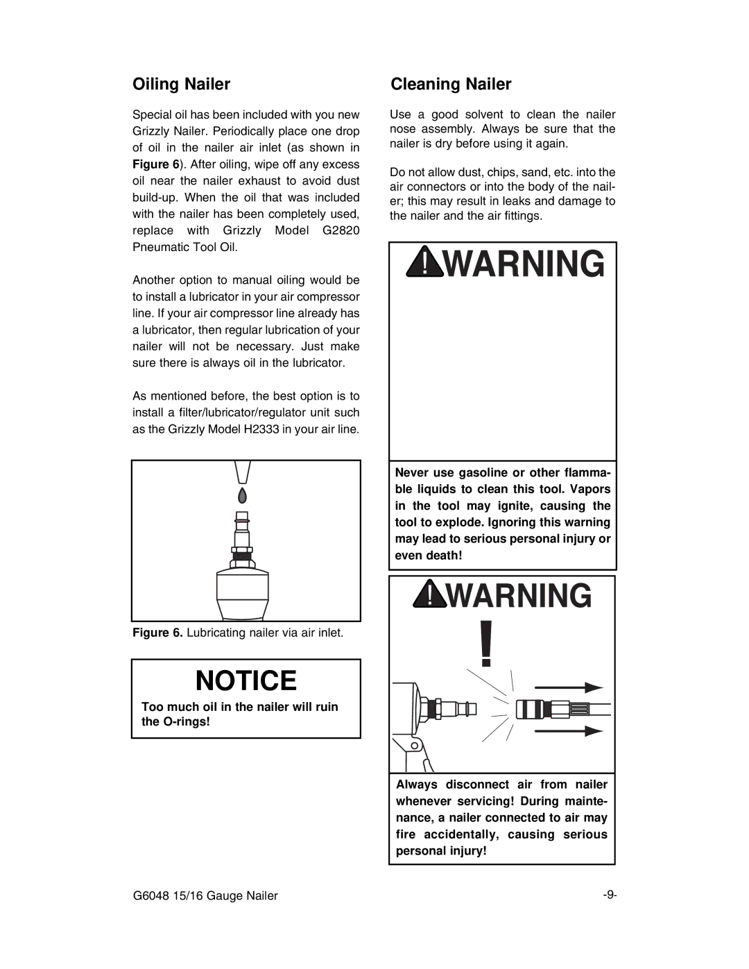 Grizzly G6048 instruction manual Oiling Nailer, Cleaning Nailer 