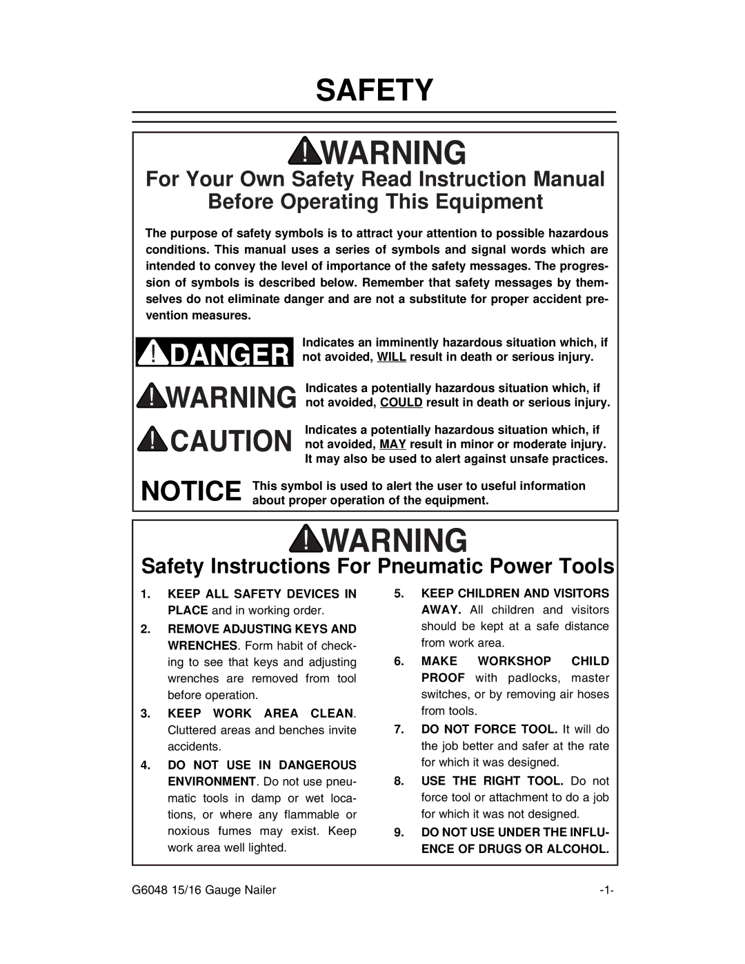 Grizzly G6048 instruction manual Safety, Before Operating This Equipment 