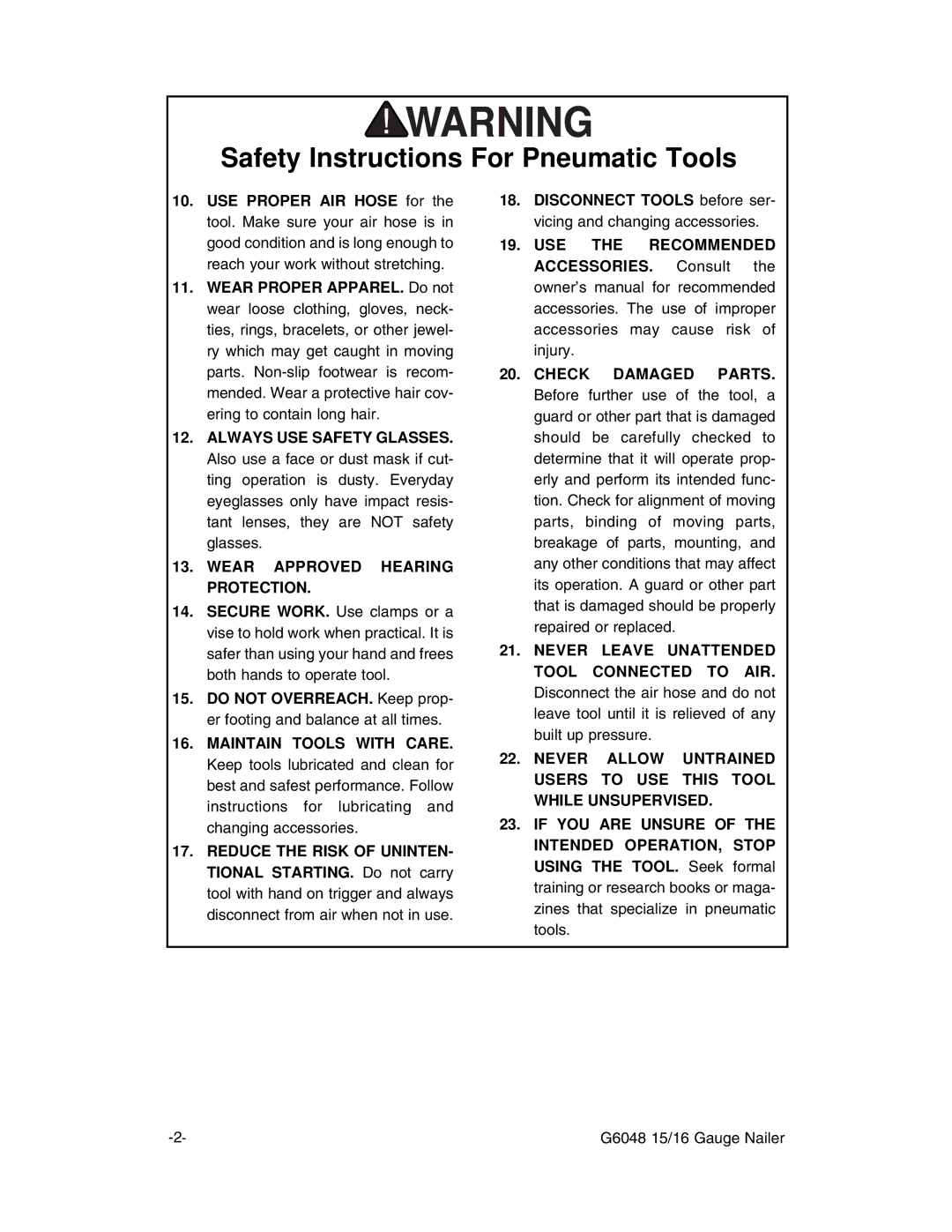 Grizzly G6048 instruction manual Safety Instructions For Pneumatic Tools 