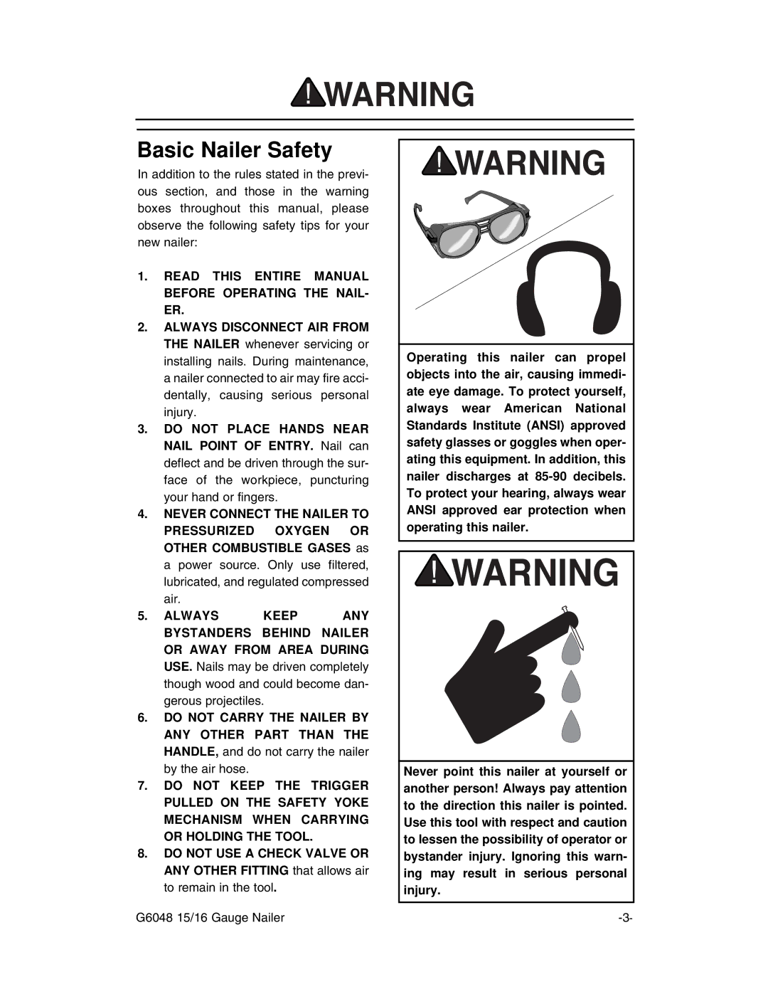 Grizzly G6048 instruction manual Basic Nailer Safety 