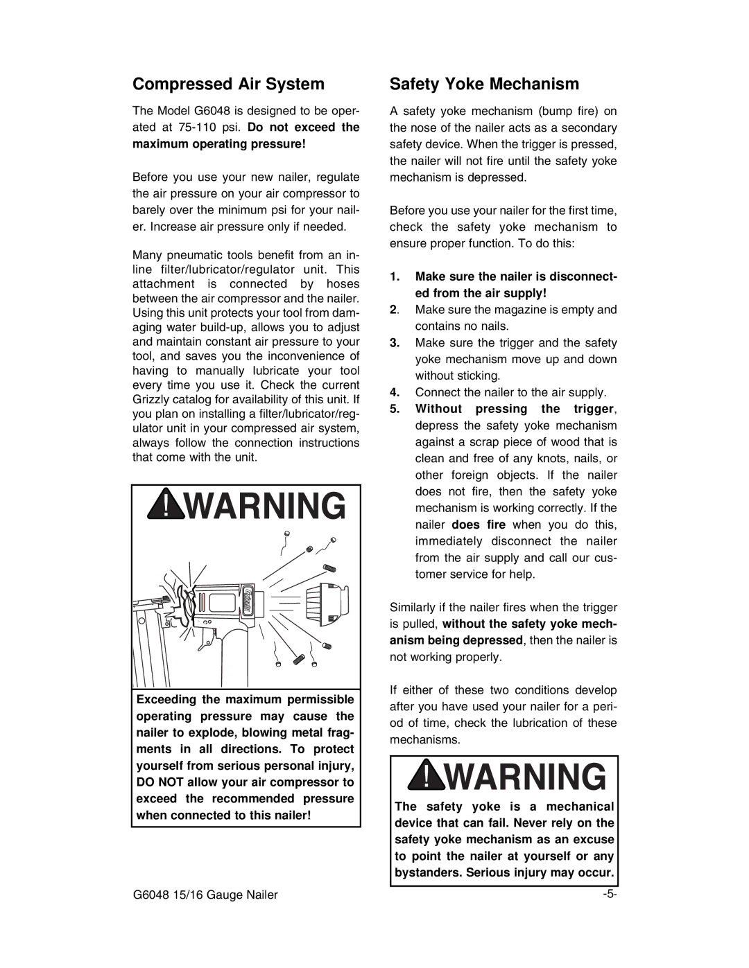 Grizzly G6048 instruction manual Compressed Air System, Safety Yoke Mechanism 