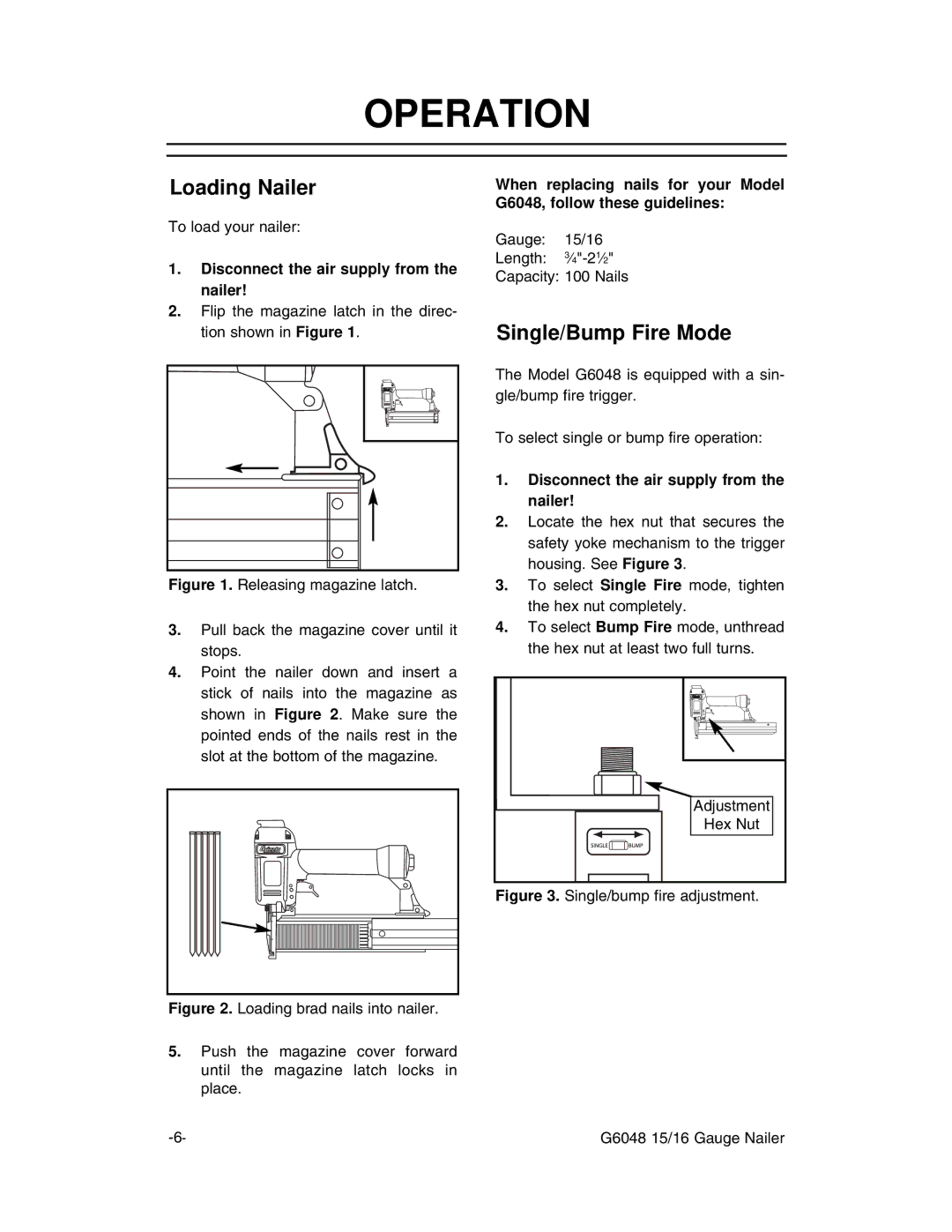 Grizzly G6048 instruction manual Operation, Loading Nailer, Single/Bump Fire Mode 