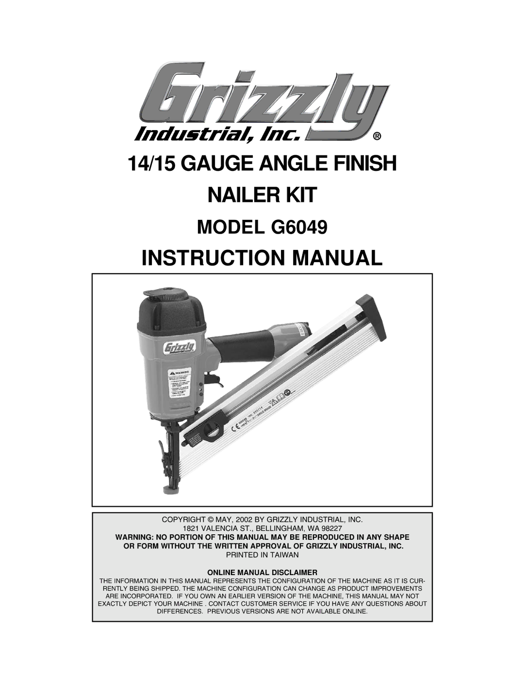 Grizzly instruction manual 14/15 Gauge Angle Finish Nailer KIT, Model G6049 