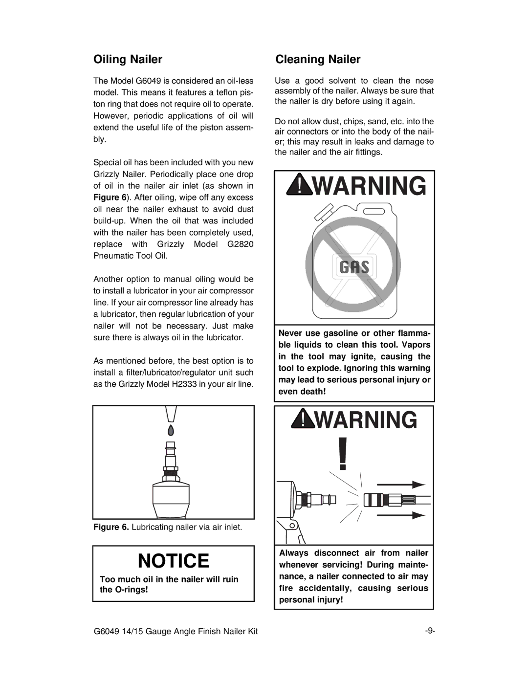 Grizzly G6049 instruction manual Oiling Nailer, Cleaning Nailer 