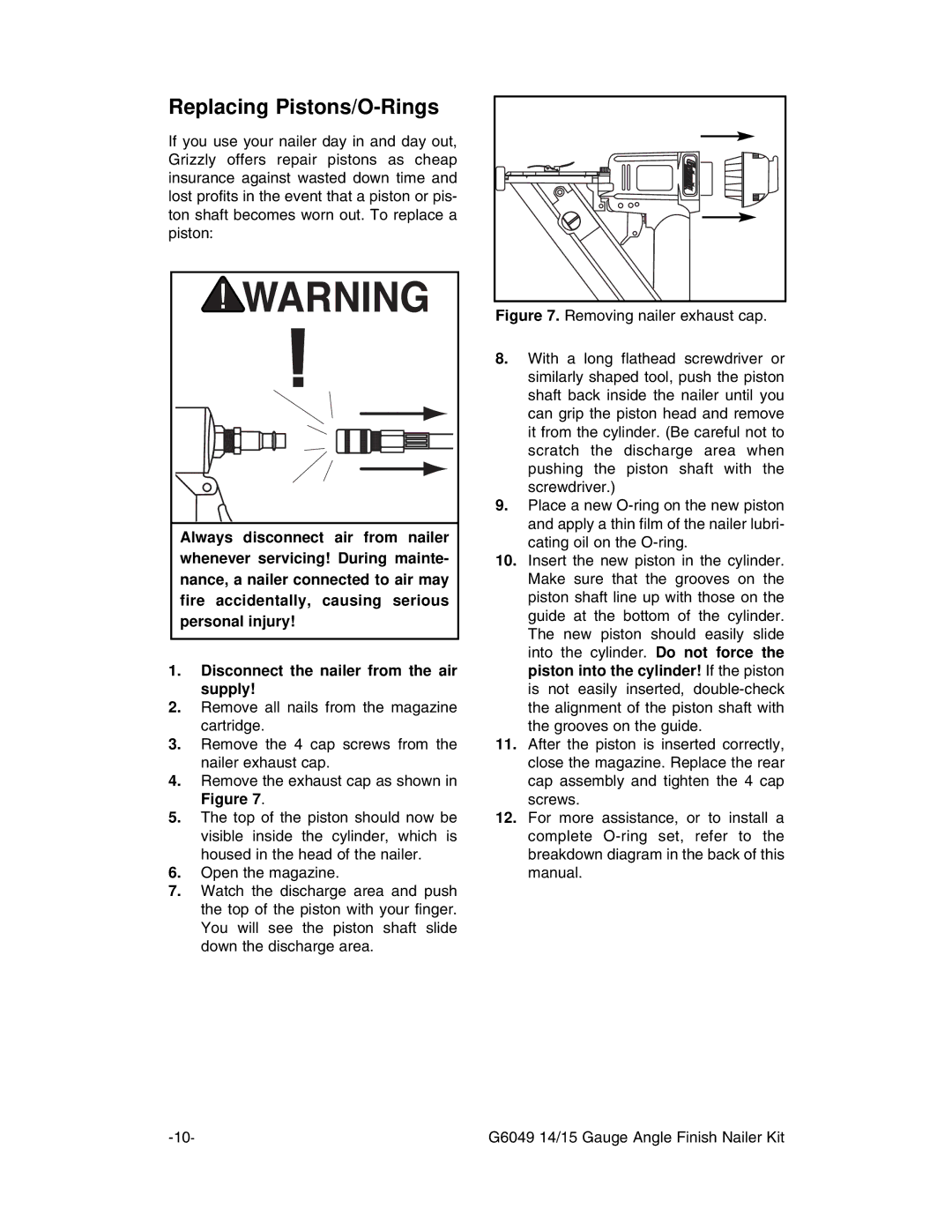 Grizzly G6049 instruction manual Replacing Pistons/O-Rings 