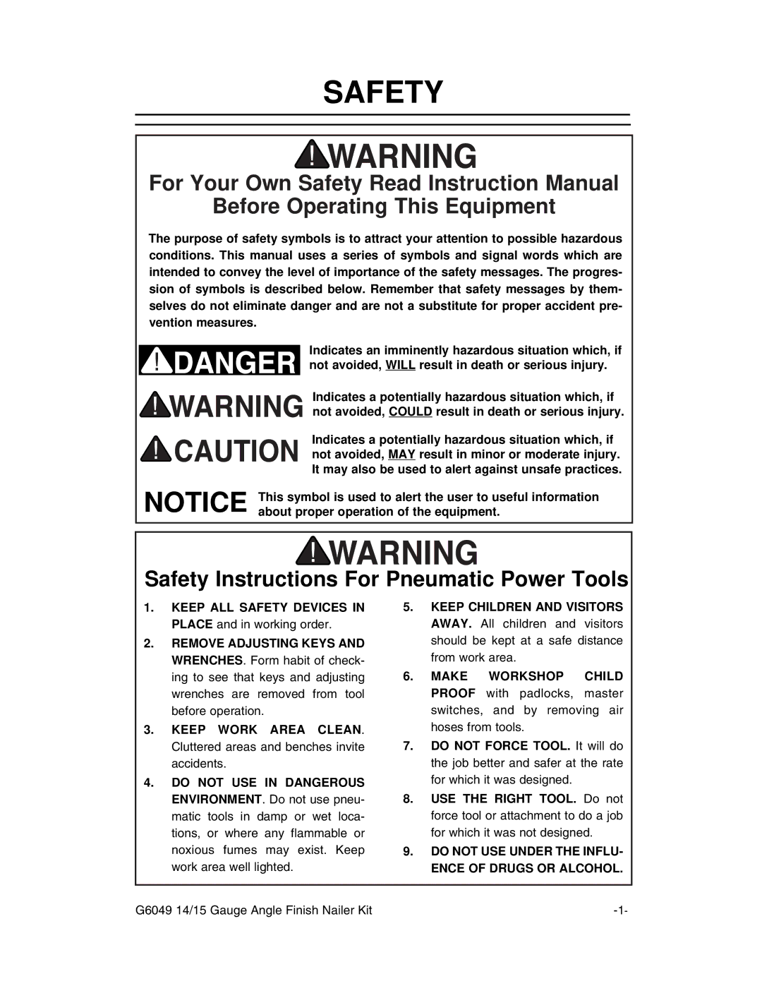 Grizzly G6049 instruction manual Safety, Before Operating This Equipment 