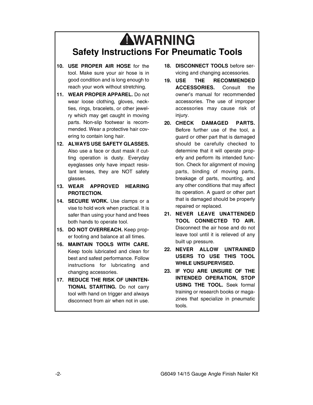 Grizzly G6049 instruction manual Safety Instructions For Pneumatic Tools 