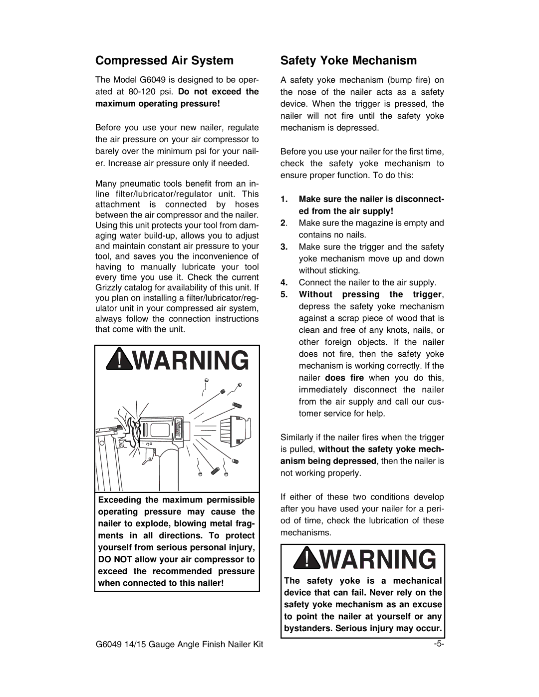 Grizzly G6049 instruction manual Compressed Air System, Safety Yoke Mechanism 