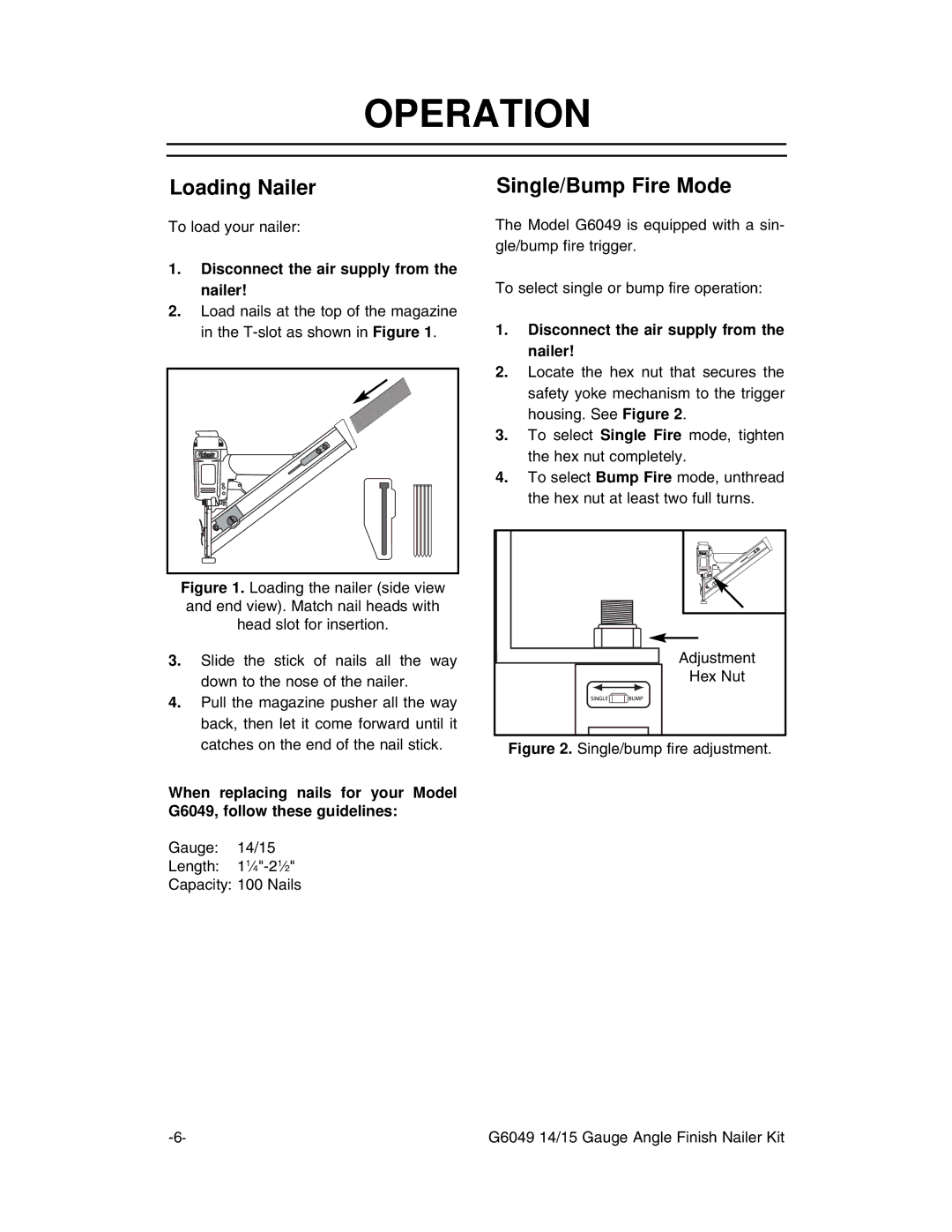 Grizzly G6049 instruction manual Operation, Loading Nailer, Single/Bump Fire Mode 