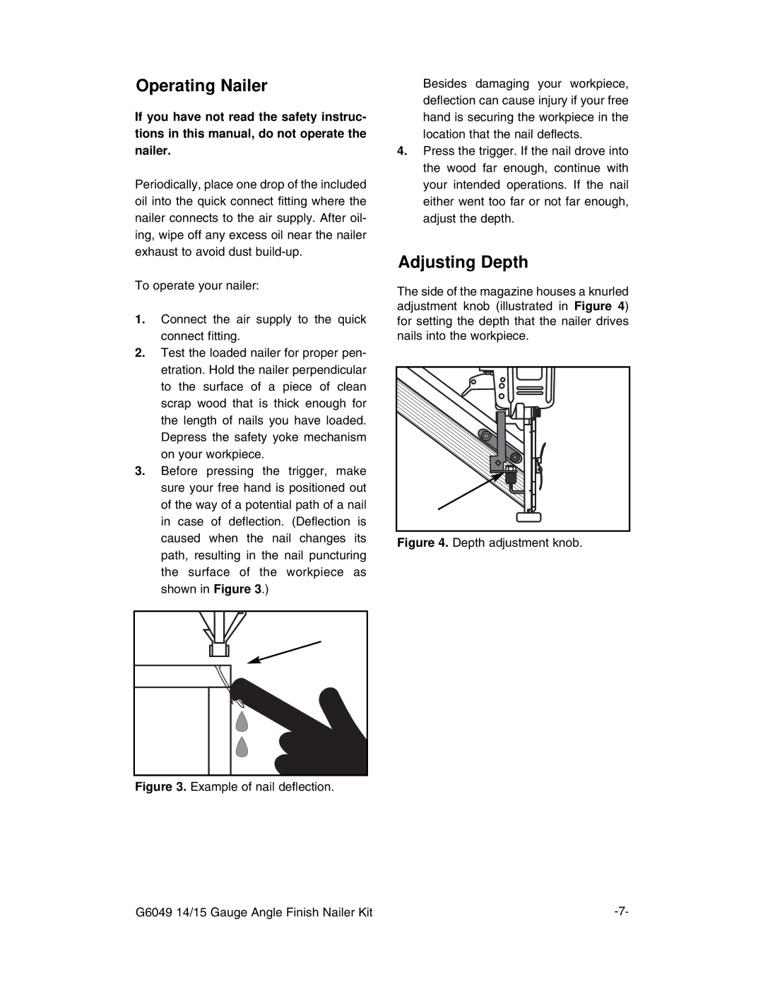 Grizzly G6049 instruction manual Operating Nailer, Adjusting Depth 