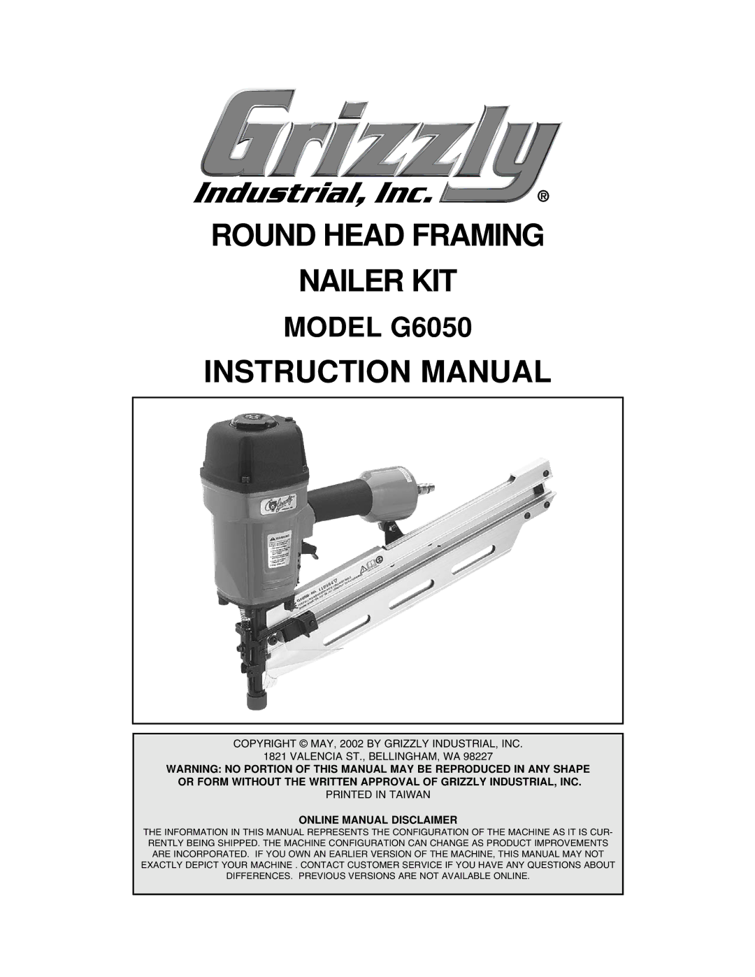 Grizzly instruction manual Round Head Framing Nailer KIT, Model G6050 