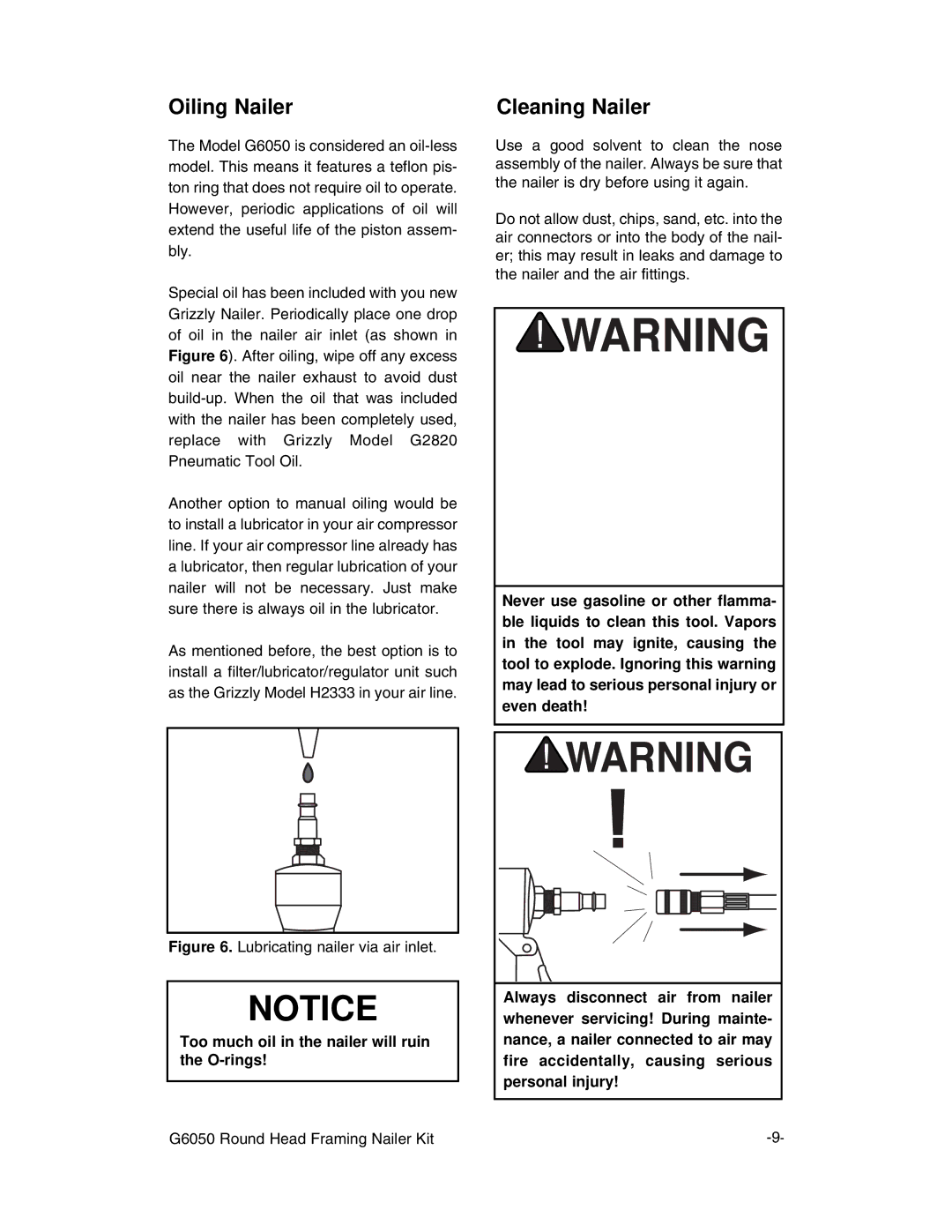 Grizzly G6050 instruction manual Oiling Nailer, Cleaning Nailer 