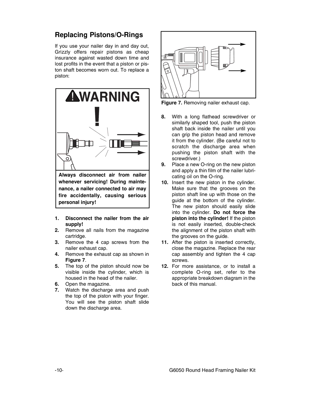 Grizzly G6050 instruction manual Replacing Pistons/O-Rings 