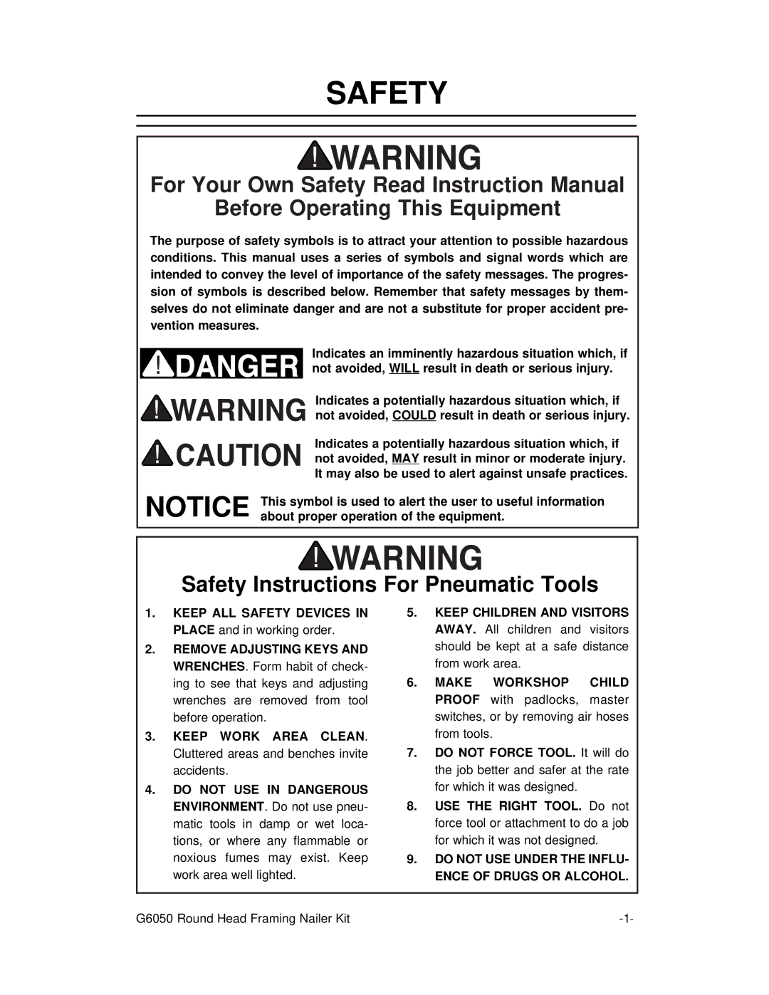 Grizzly G6050 instruction manual Safety, Before Operating This Equipment 