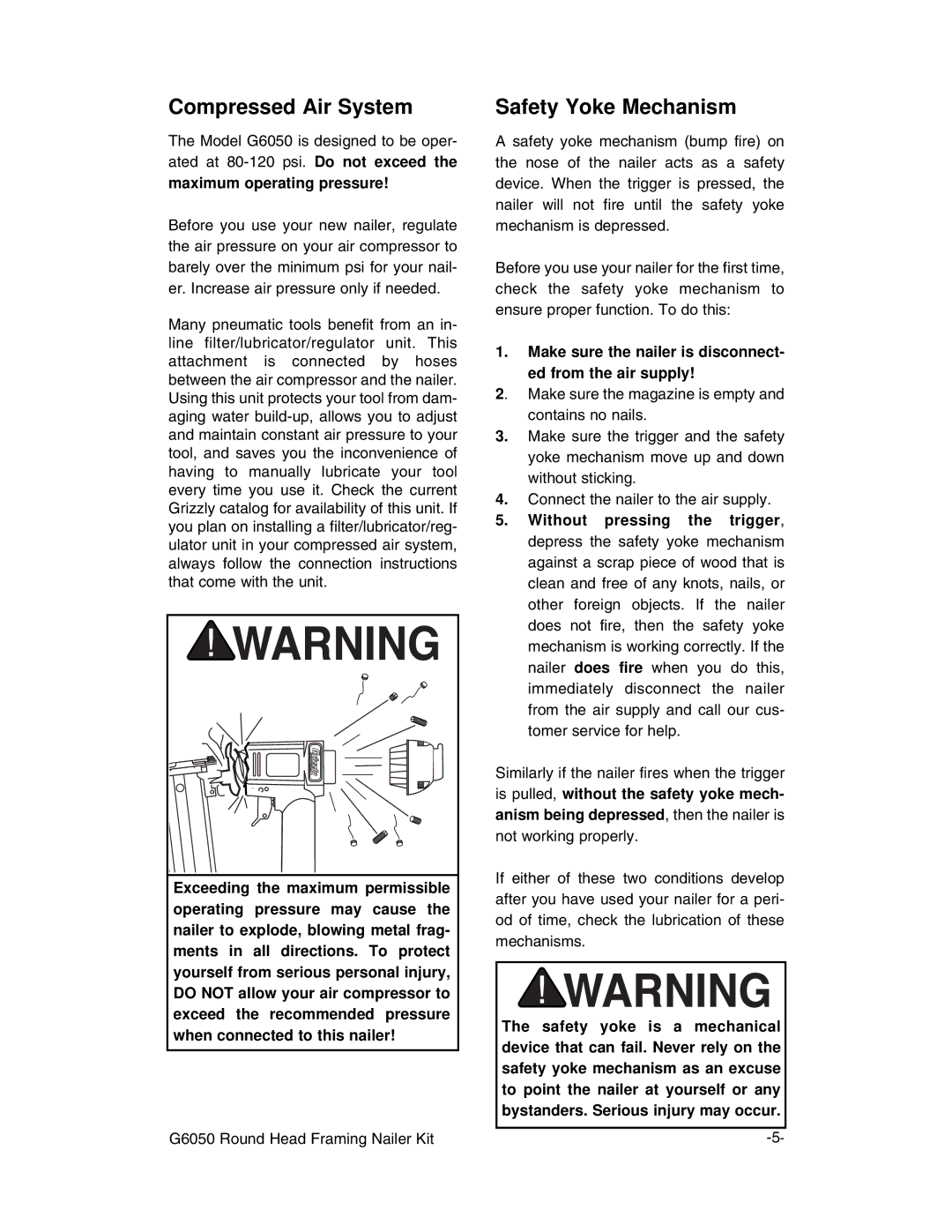 Grizzly G6050 instruction manual Compressed Air System, Safety Yoke Mechanism 