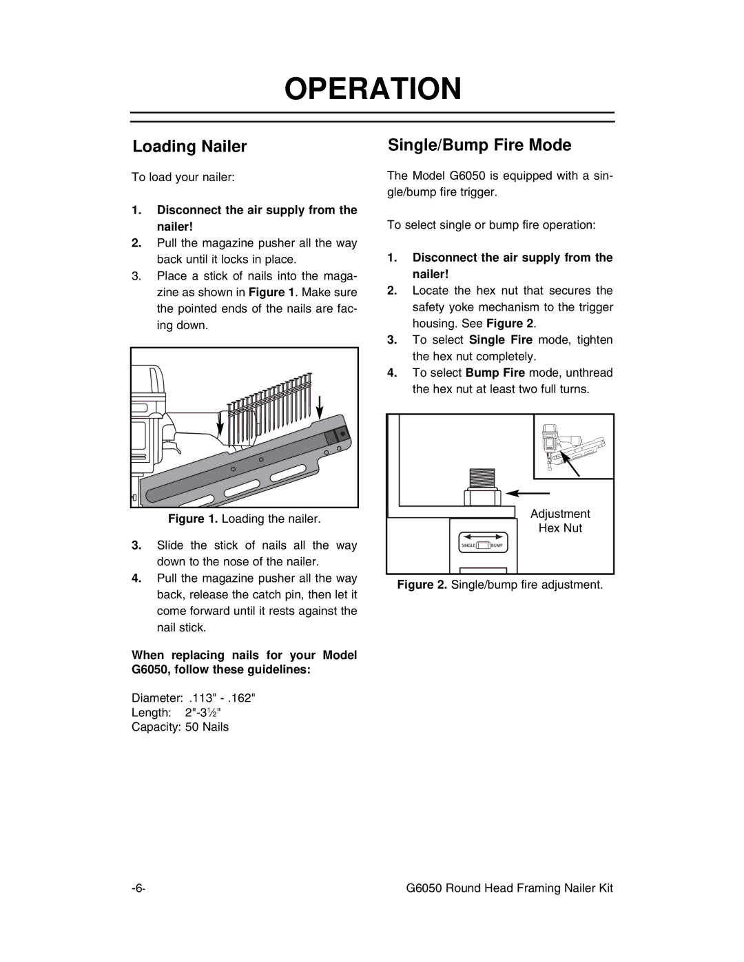 Grizzly G6050 instruction manual Operation, Loading Nailer, Single/Bump Fire Mode 