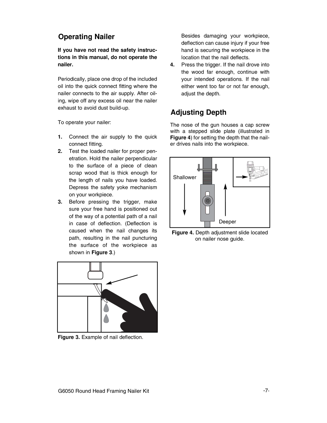 Grizzly G6050 instruction manual Operating Nailer, Adjusting Depth 