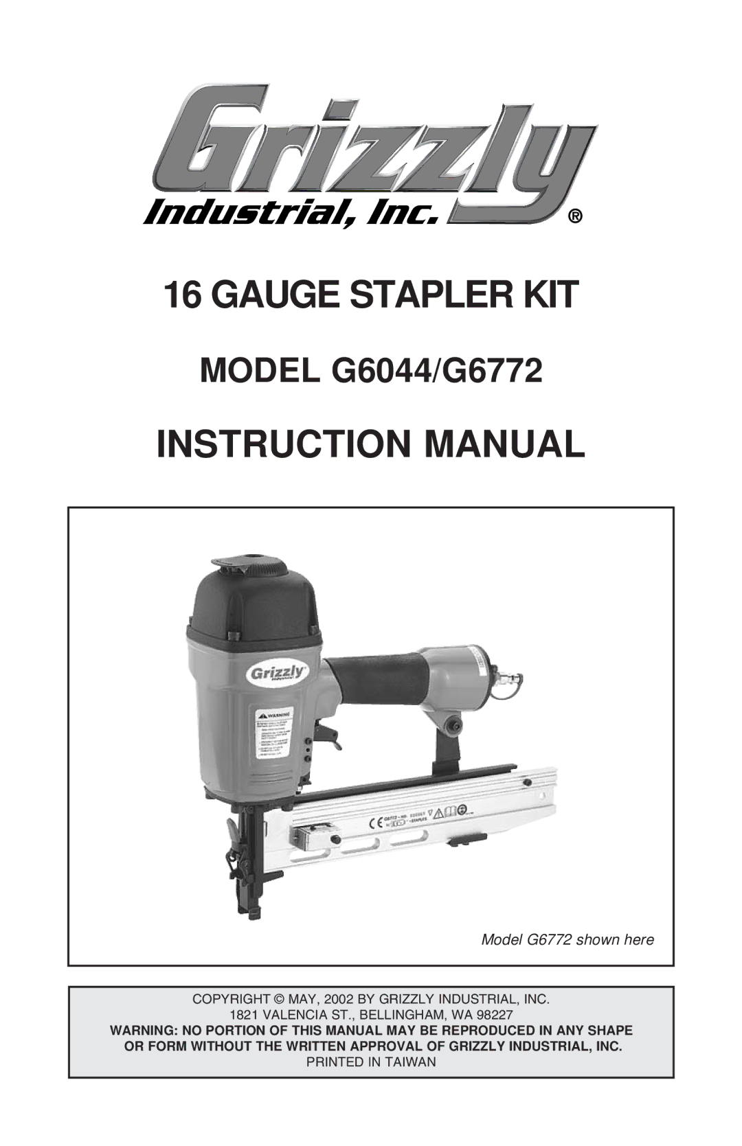 Grizzly instruction manual Gauge Stapler KIT, Model G6044/G6772 