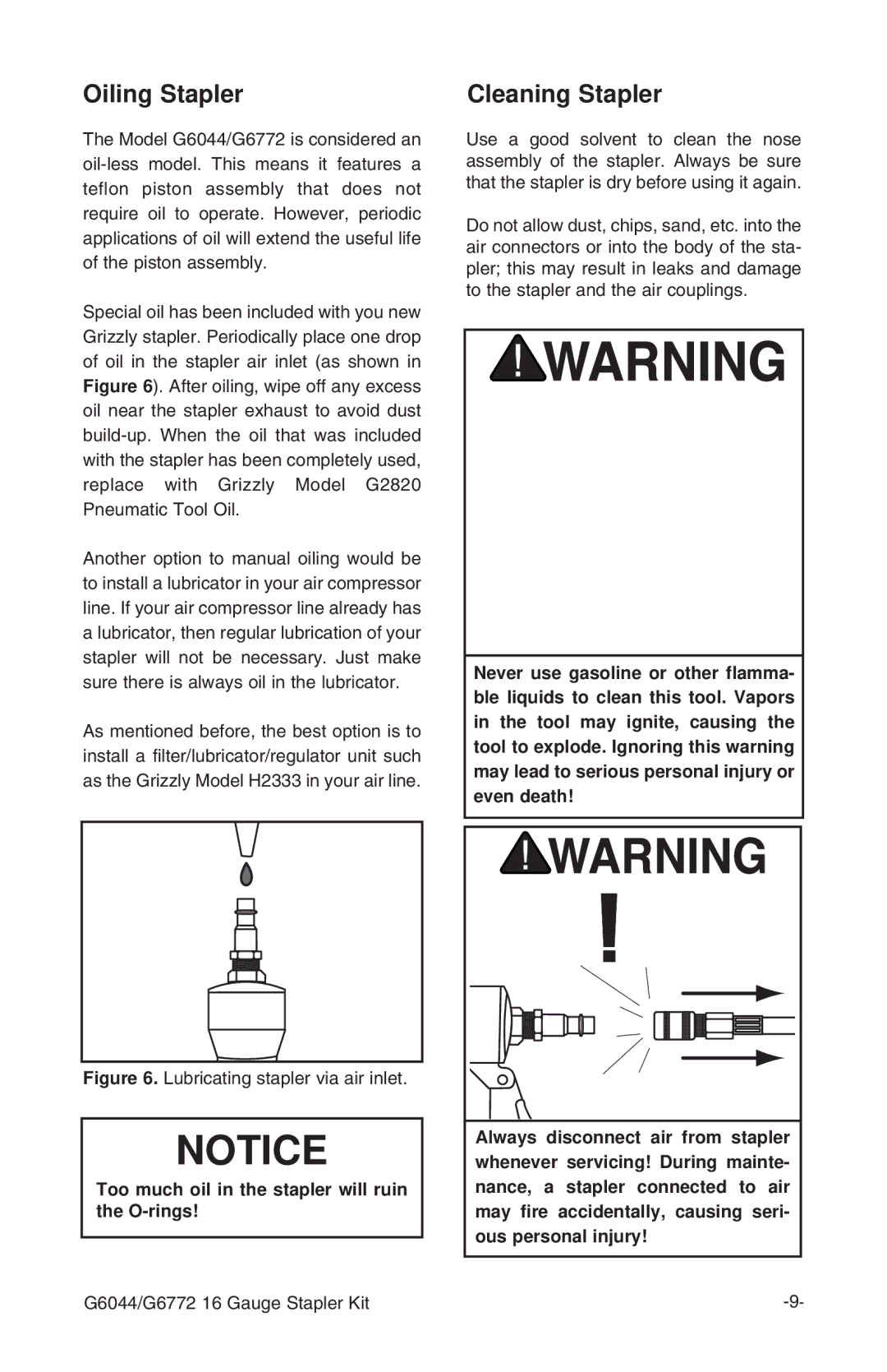 Grizzly G6772 instruction manual Oiling Stapler, Cleaning Stapler 