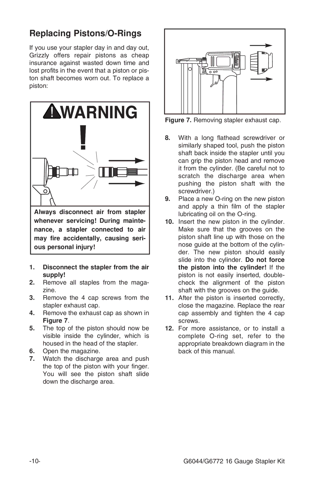 Grizzly G6772 instruction manual Replacing Pistons/O-Rings 