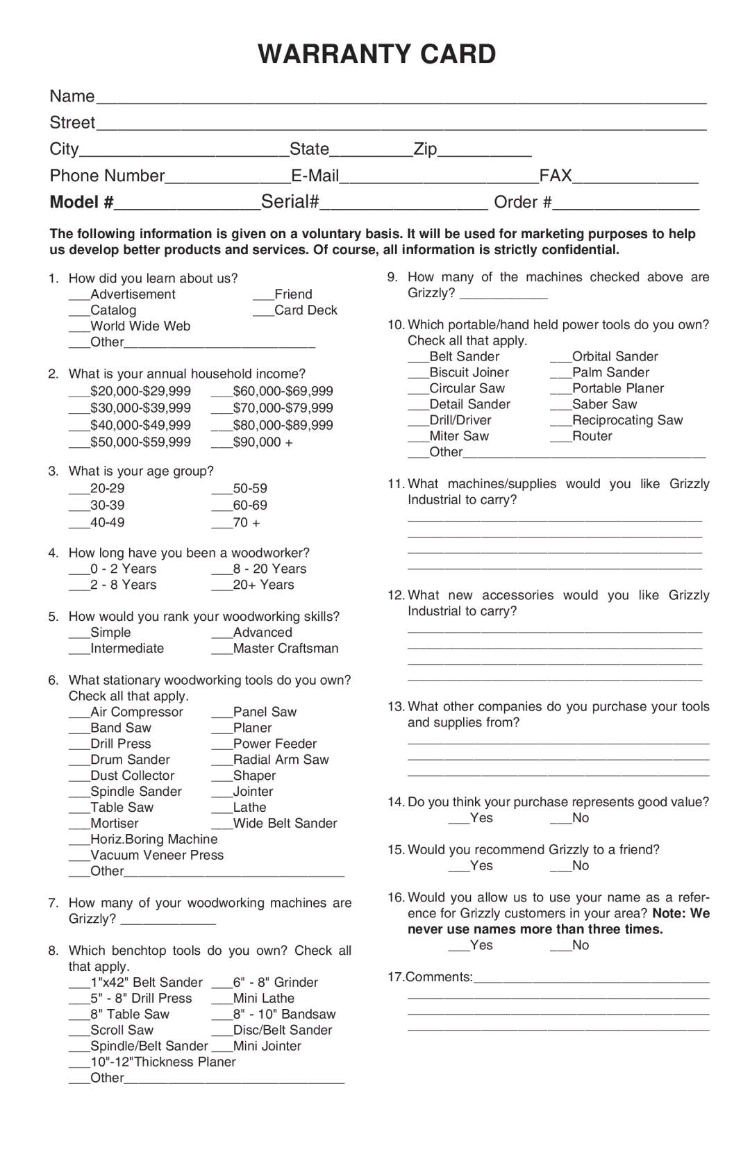 Grizzly G6772 instruction manual Warranty Card 