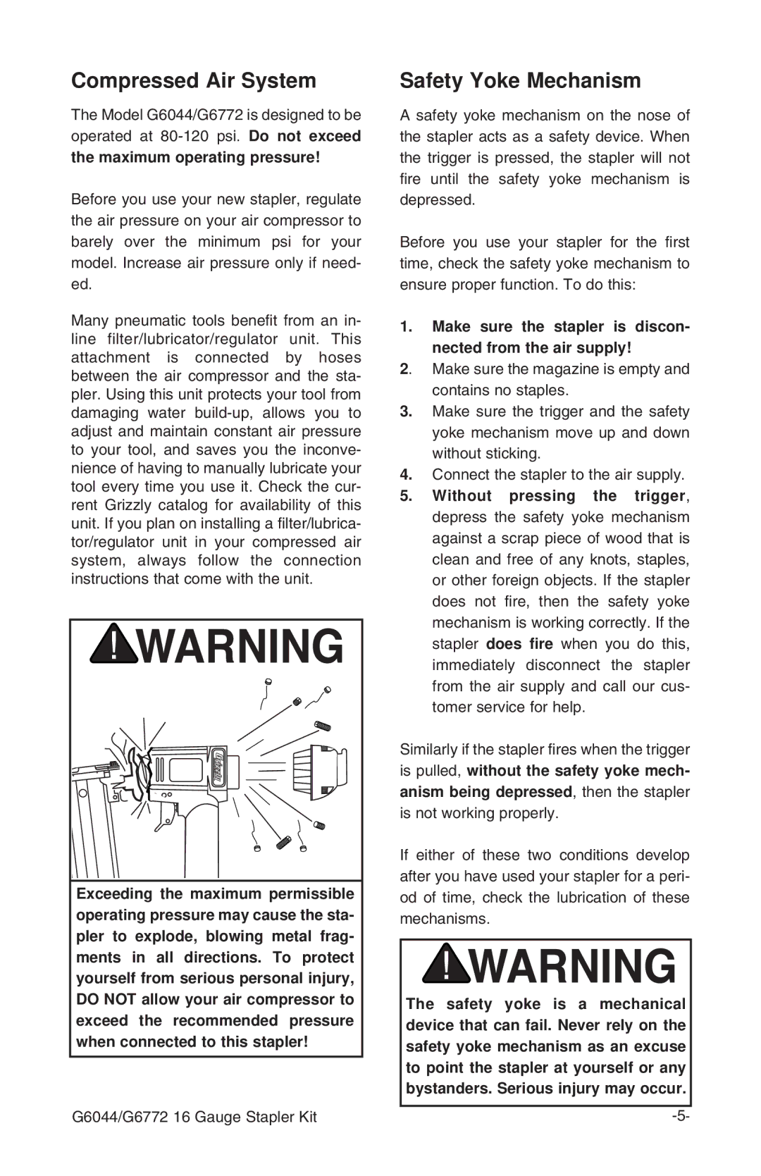 Grizzly G6772 instruction manual Compressed Air System, Safety Yoke Mechanism 