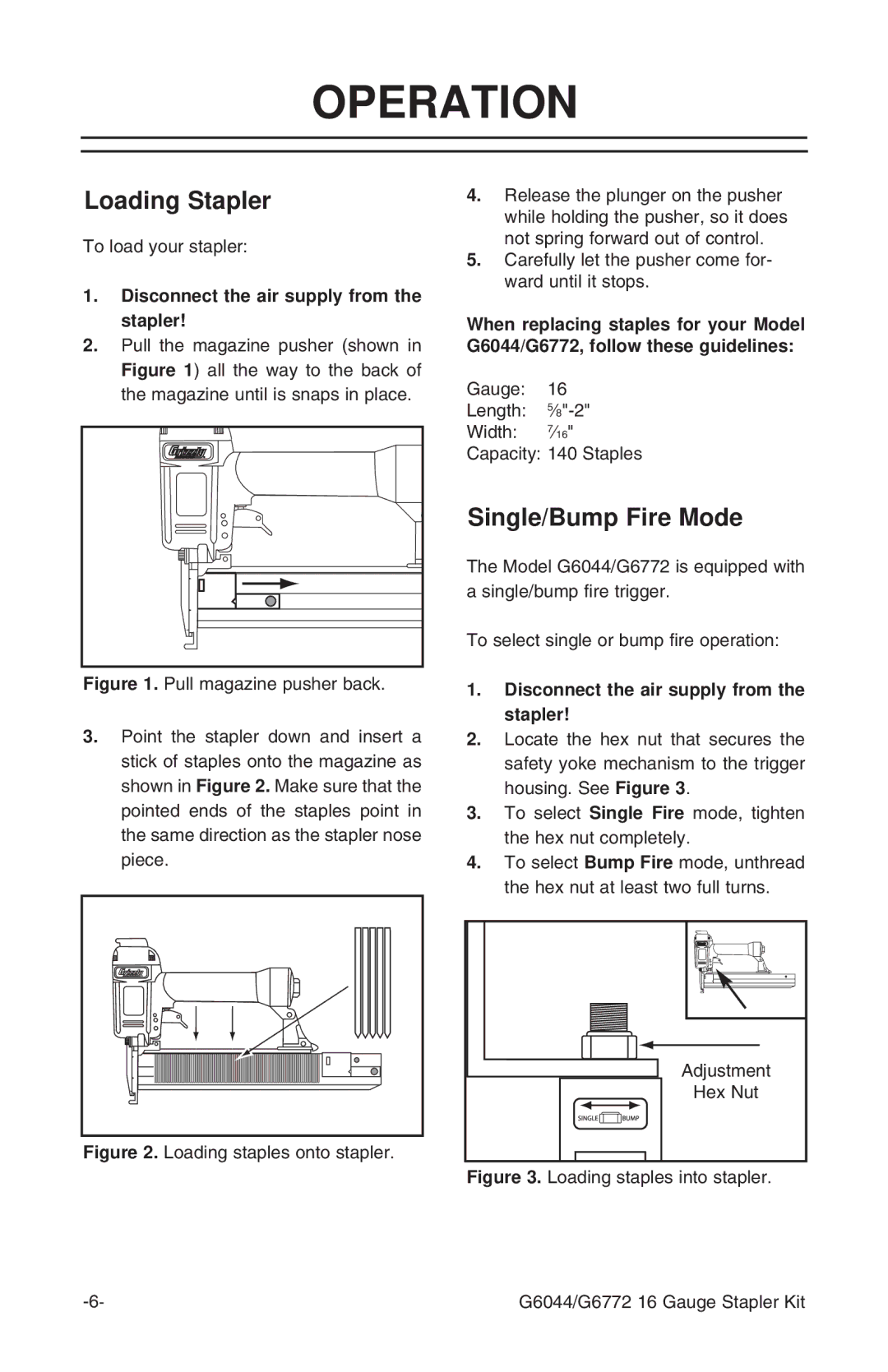 Grizzly G6772 instruction manual Operation, Loading Stapler, Single/Bump Fire Mode 