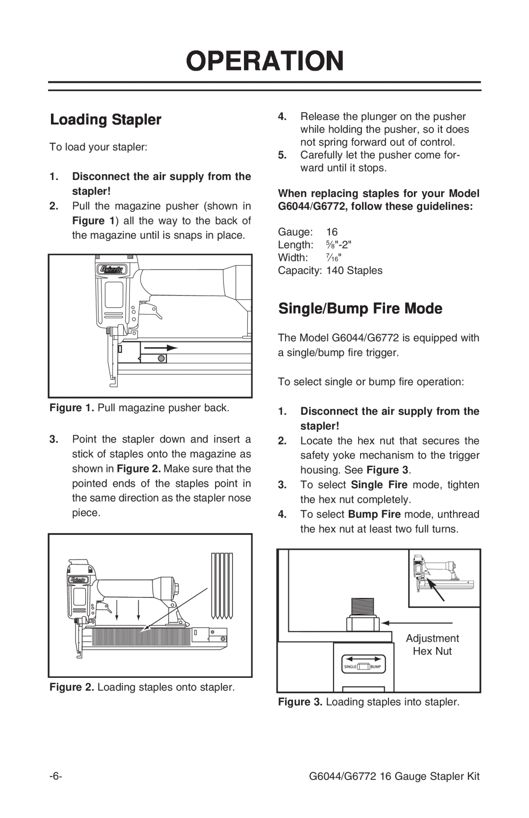 Grizzly G6772 instruction manual Operation, Loading Stapler, Single/Bump Fire Mode 