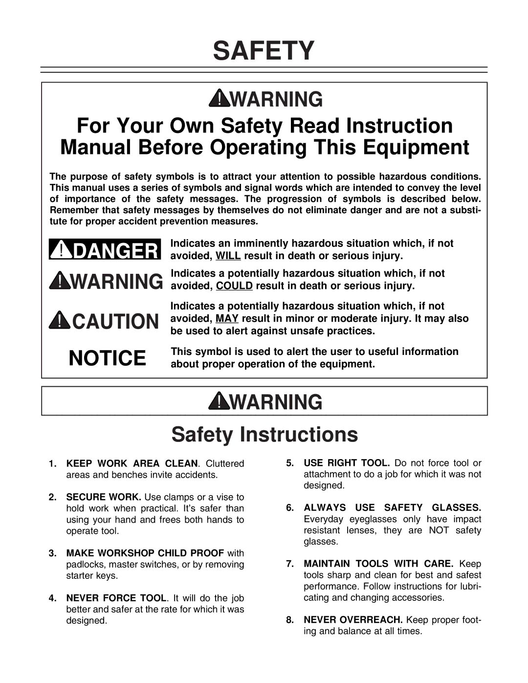 Grizzly G7148 instruction manual Safety 