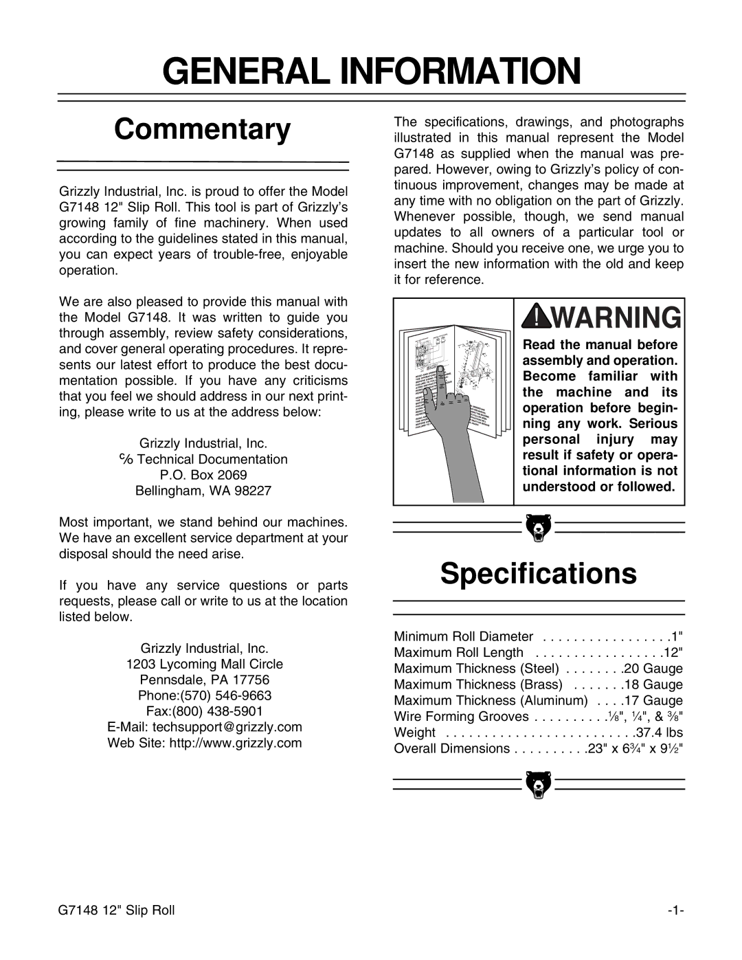 Grizzly G7148 instruction manual General Information, Commentary, Specifications 