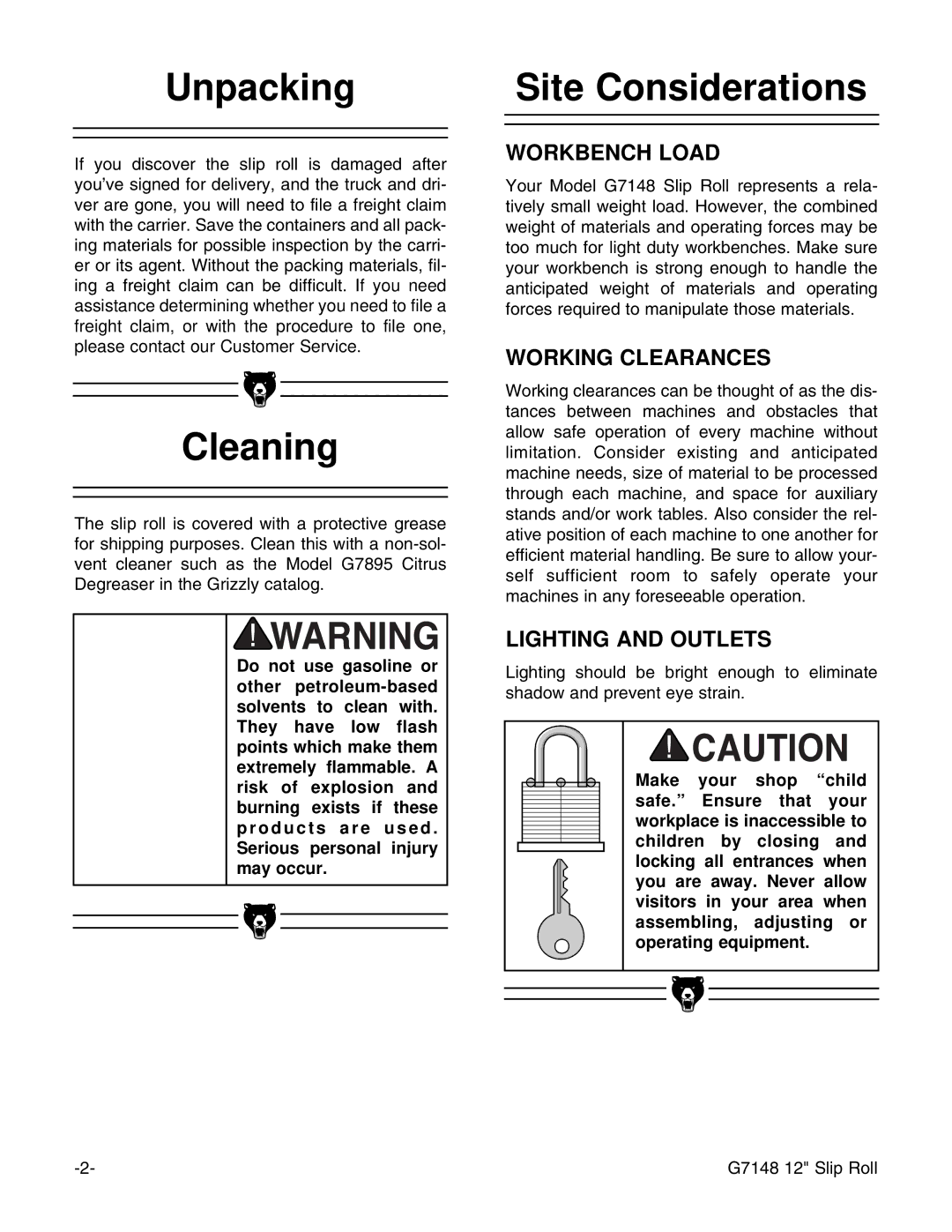 Grizzly G7148 instruction manual Unpacking, Cleaning, Site Considerations 