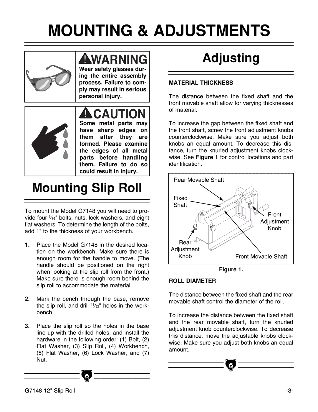 Grizzly G7148 instruction manual Mounting & Adjustments, Mounting Slip Roll, Adjusting 