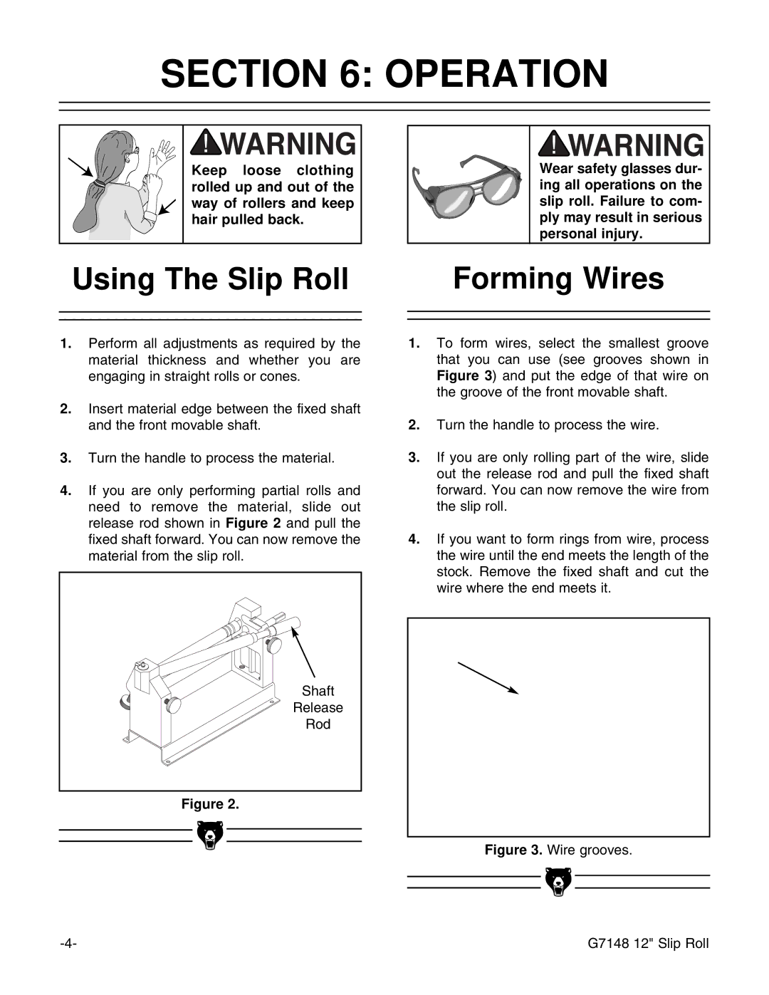 Grizzly G7148 instruction manual Operation, Using The Slip Roll, Forming Wires 