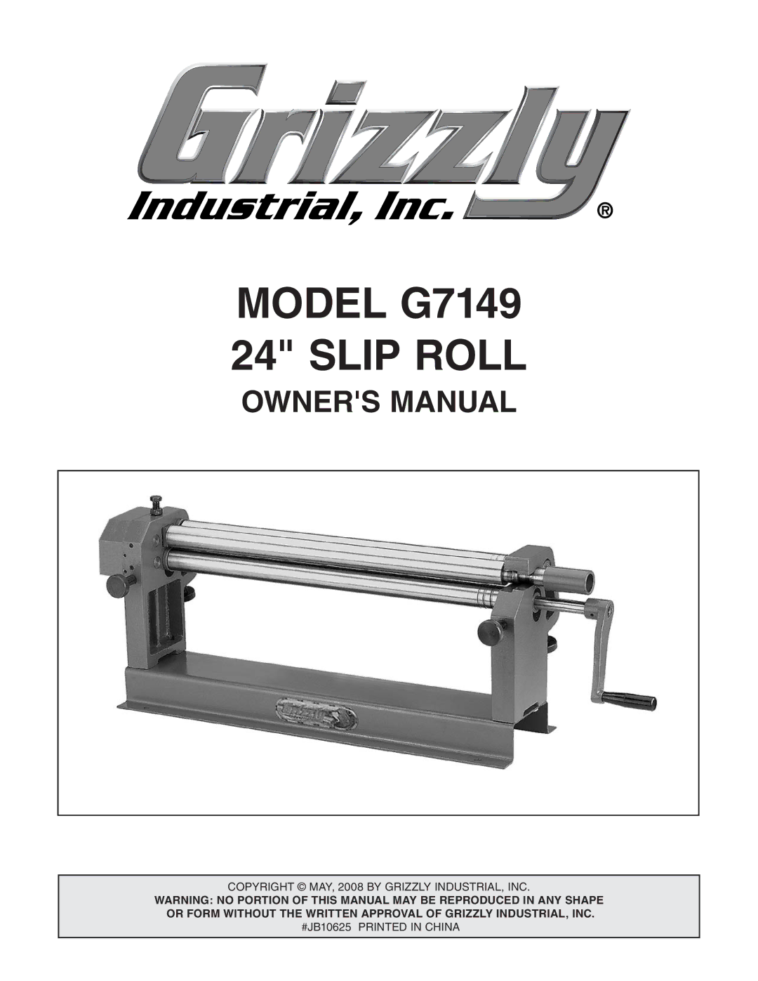 Grizzly owner manual Model G7149 24 Slip Roll 