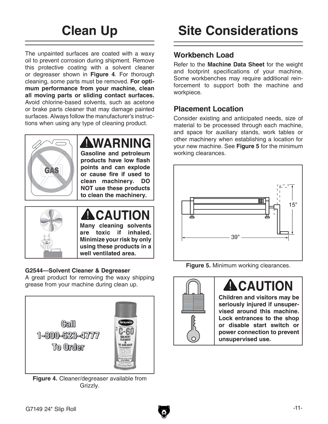 Grizzly G7149 owner manual Clean Up, Site Considerations 