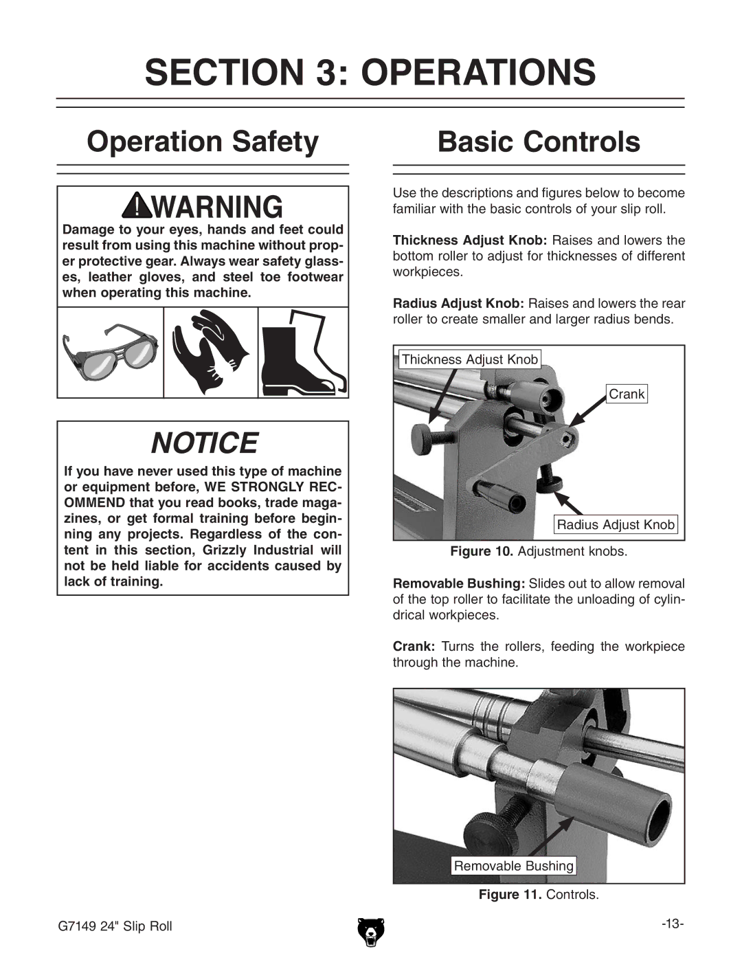 Grizzly G7149 owner manual Operations, Operation Safety, Basic Controls 