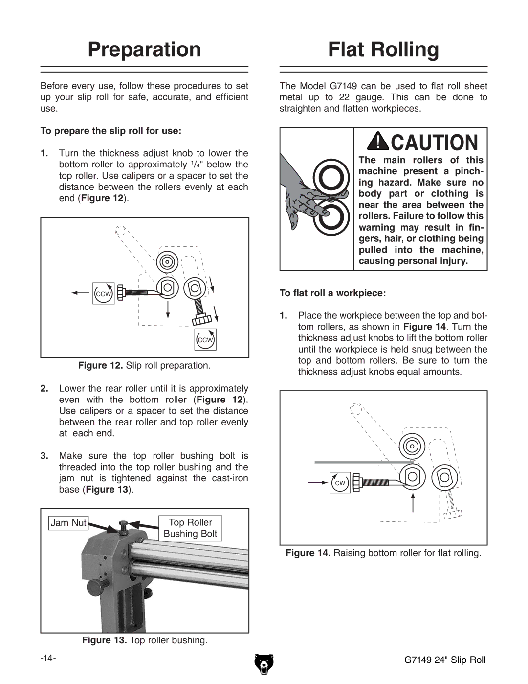 Grizzly G7149 owner manual Preparation, Flat Rolling, To prepare the slip roll for use 