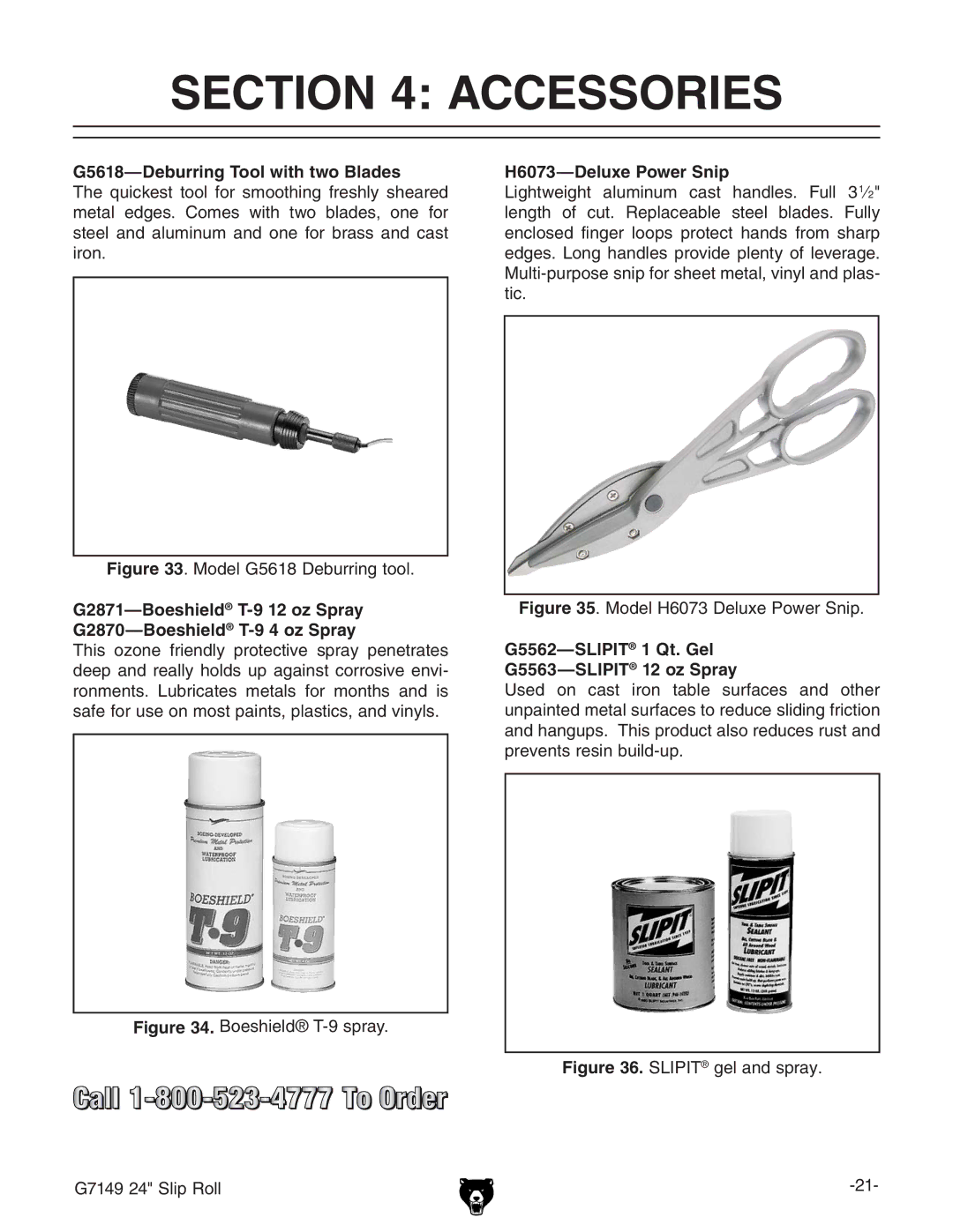 Grizzly G7149 owner manual Accessories, G5618-Deburring Tool with two Blades, H6073-Deluxe Power Snip 