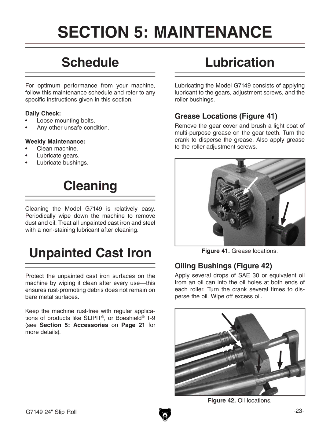 Grizzly G7149 owner manual Maintenance, Schedule, Cleaning, Unpainted Cast Iron, Lubrication 