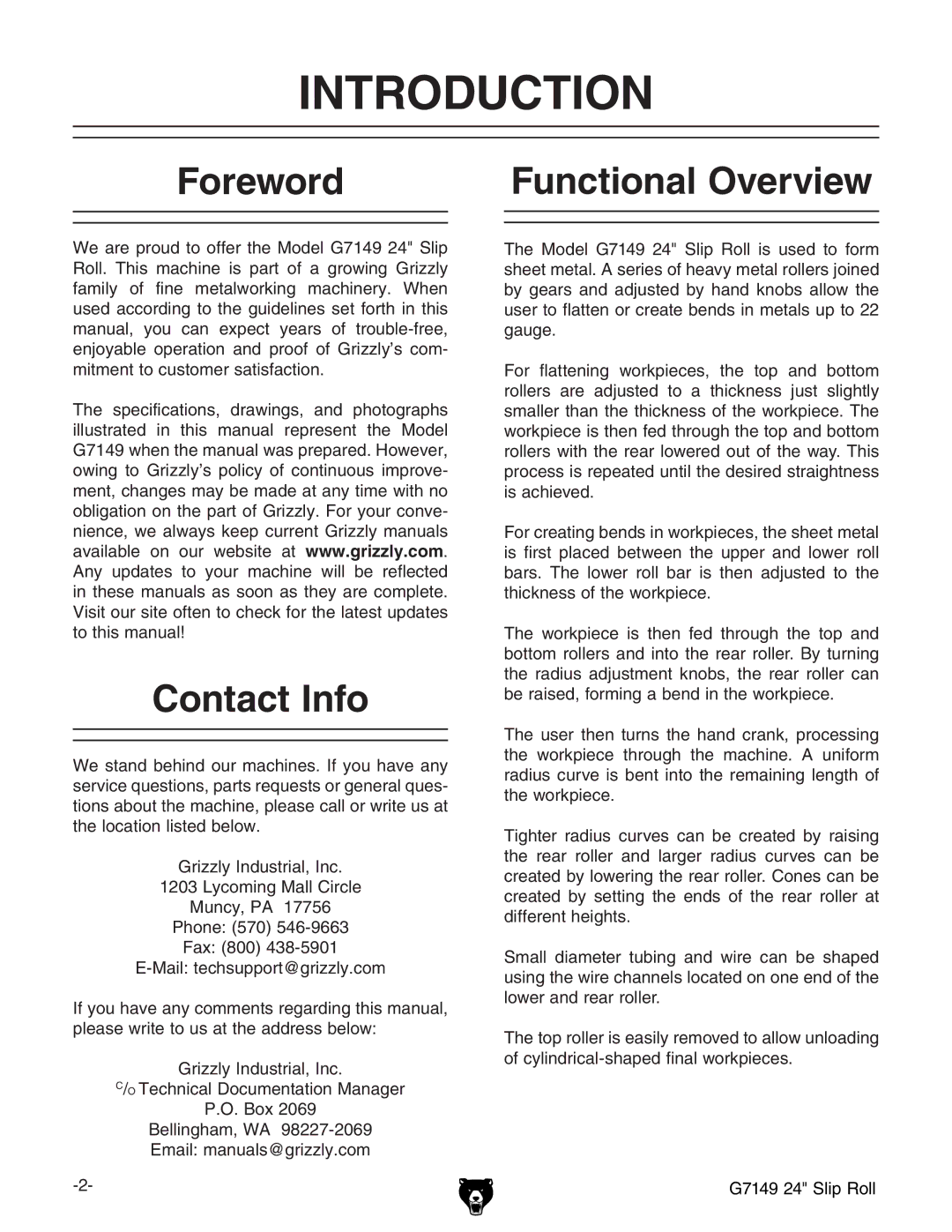 Grizzly G7149 owner manual Introduction, Foreword Functional Overview, Contact Info 