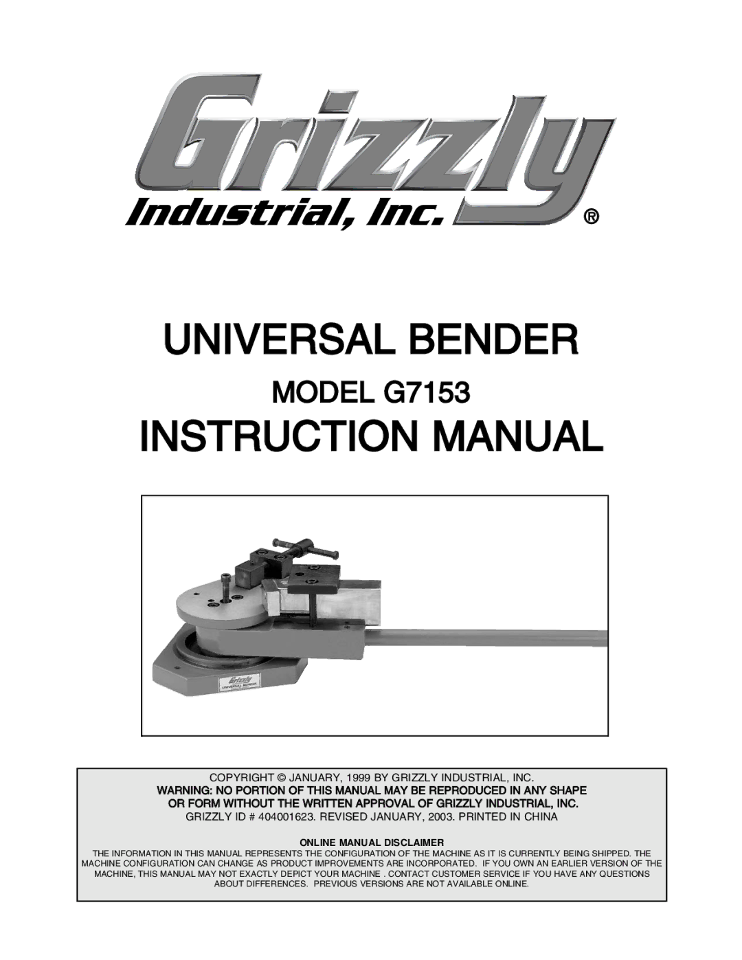 Grizzly G7153 manual Universal Bender 