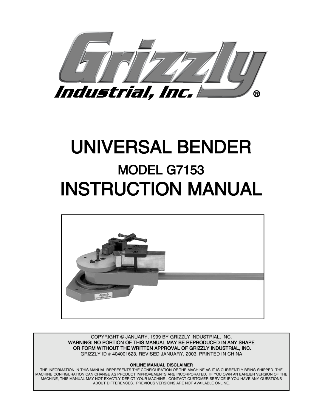Grizzly manual MODEL G7153, Universal Bender 